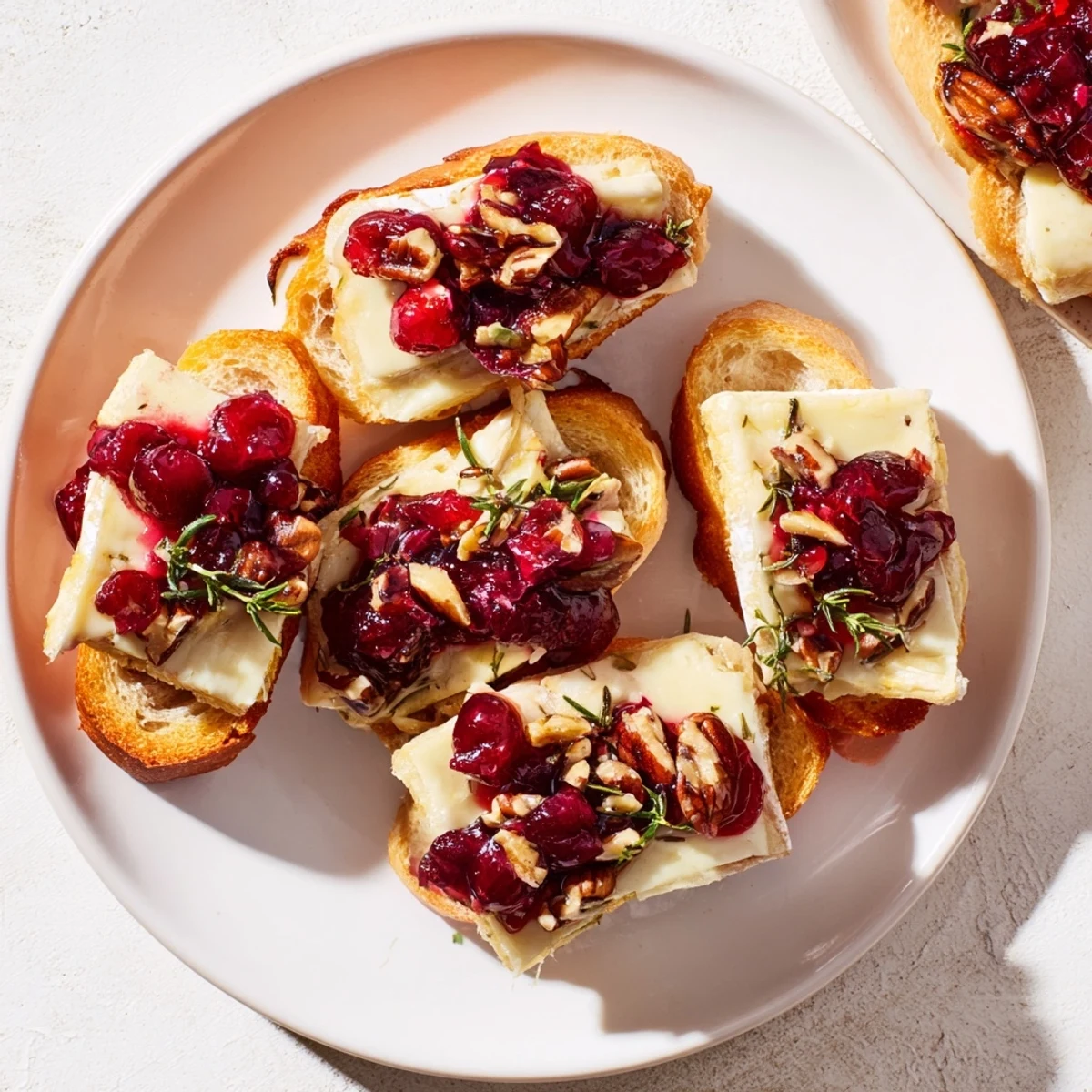 Golden-brown Festive Holiday Cranberry and Brie Crostini, topped with vibrant cranberry sauce and melting Brie.
