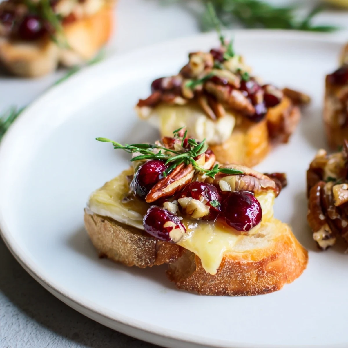 Crisp bread rounds of Festive Holiday Cranberry and Brie Crostini topped with glistening cranberry, ready to eat.
