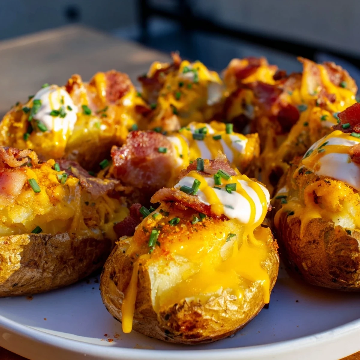 Golden, cheesy crispy air fryer potato skins topped with sour cream, bacon, and fresh chives.