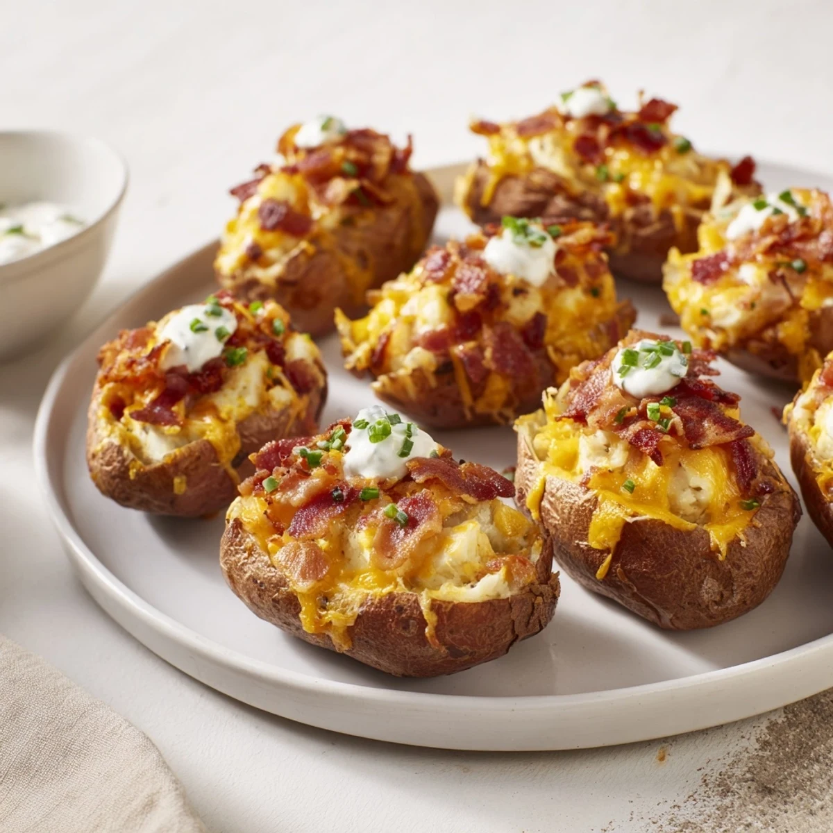 Perfectly cooked crispy air-fryer potato skins, loaded with melted cheddar and crumbled bacon ready to serve.