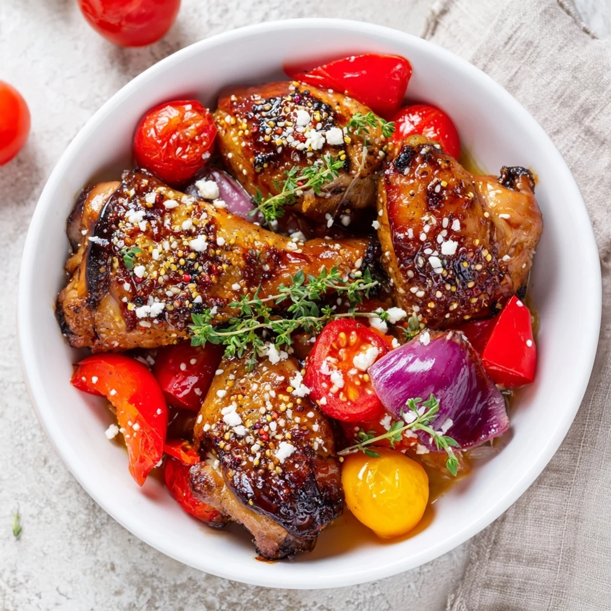 Sheet pan Greek chicken with colorful roasted bell peppers, juicy and flavorful, ready to be served.