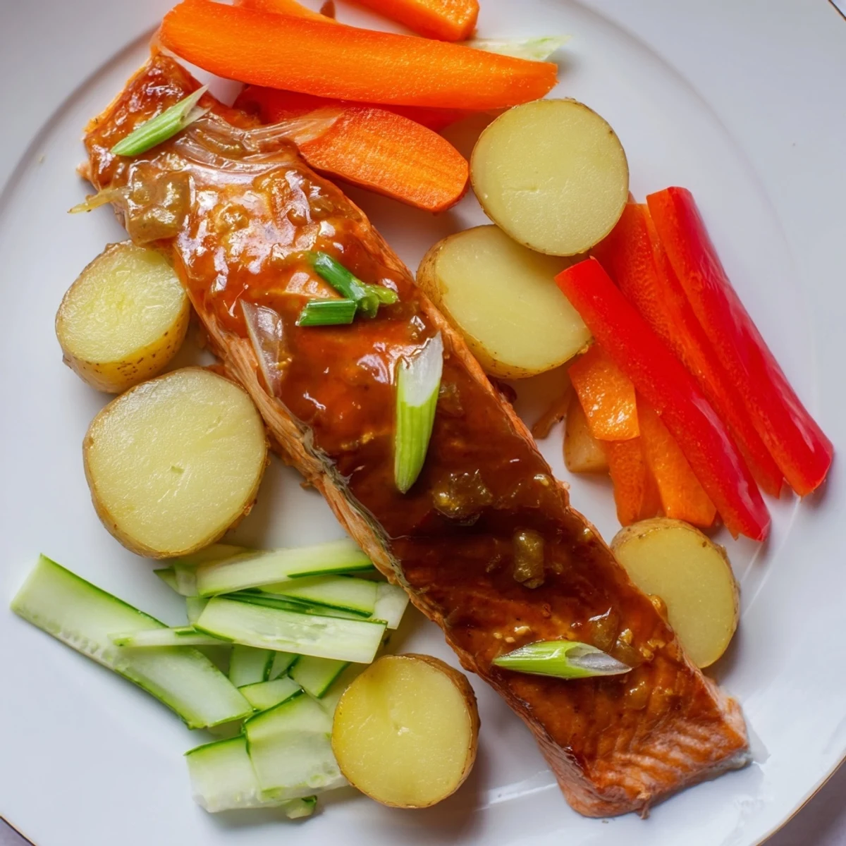 Golden-glazed One-Tray Baked Salmon, nestled with colorful roasted vegetables, ready to serve.