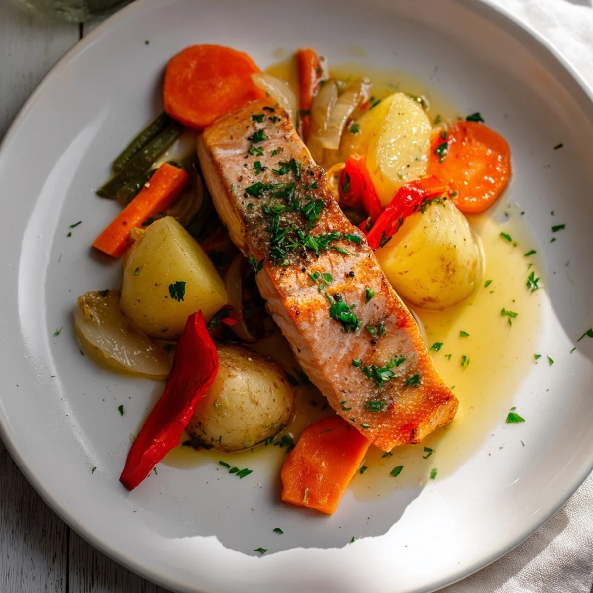 Flaky salmon from the oven, glistening under honey mustard, cooked with included vegetables from the One-Tray Baked Salmon recipe.