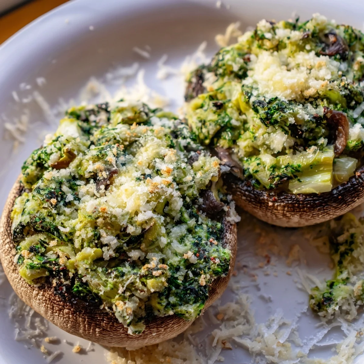 Golden-brown Creamy Spinach and Artichoke Stuffed Mushrooms offer a tempting, cheesy appetizer delight.