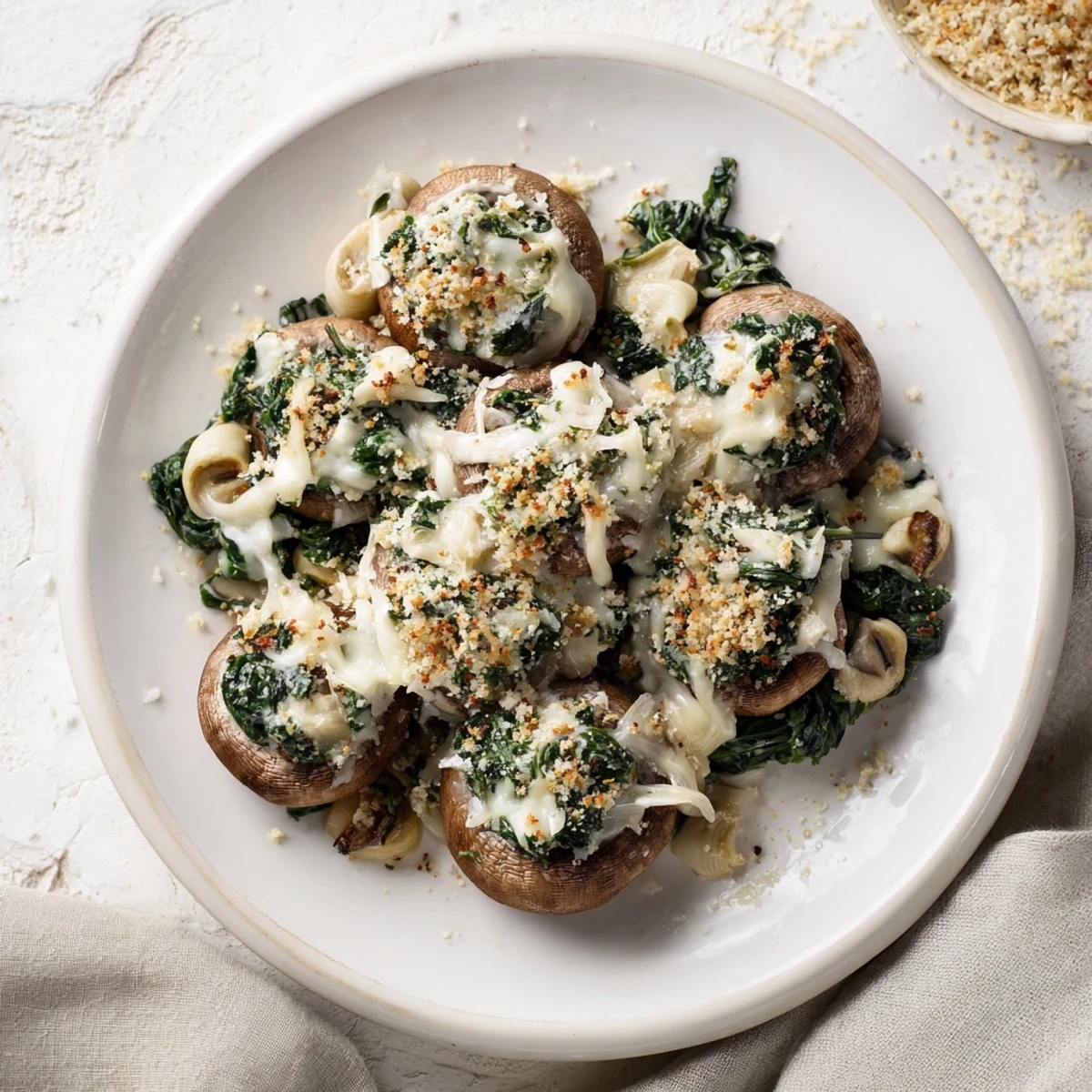 Baked Creamy Spinach and Artichoke Stuffed Mushrooms, bubbling with cheese and spinach, ready for a savory bite.