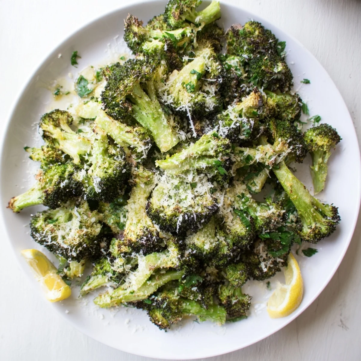 Golden, crispy Simple Garlic and Parmesan Roasted Broccoli sprinkled with fresh parsley and Parmesan cheese.