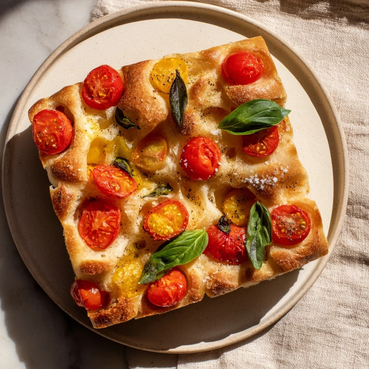 Simple flatbread topped with vibrant red tomatoes and fresh basil, ready to eat.