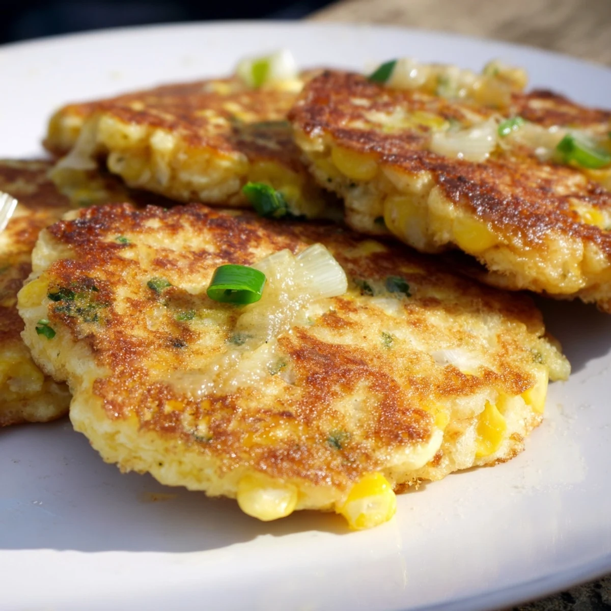 Golden corn and cheddar fritters, crispy on the outside, showcasing a vibrant, golden color after frying.