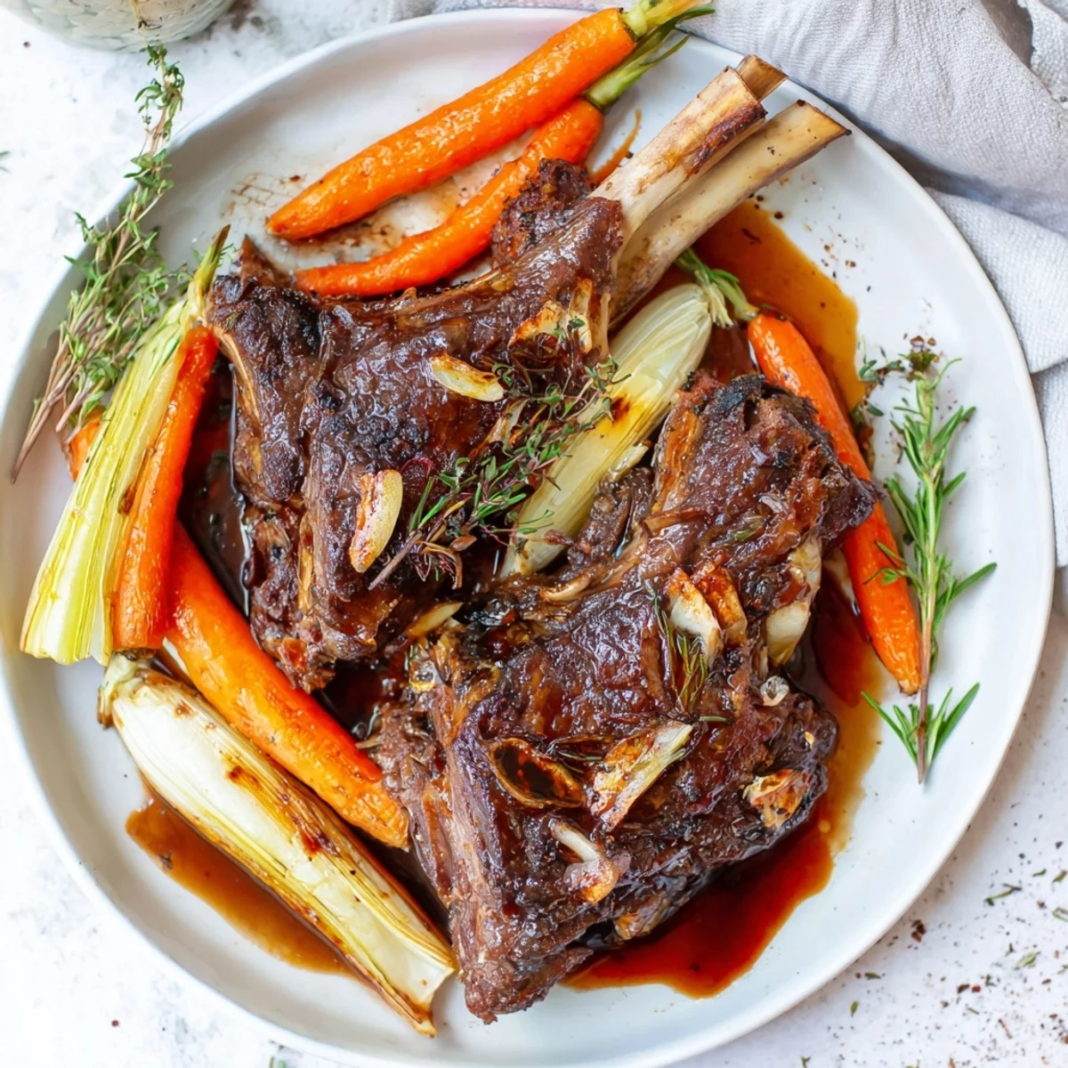 Slow-Roasted Lamb Shanks with Rosemary, tender and falling off the bone, glistening with rich gravy.