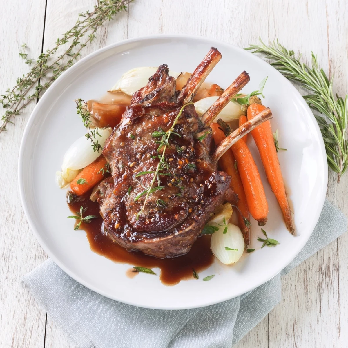 Gorgeous close-up of Slow-Roasted Lamb Shanks with Rosemary, perfectly browned and surrounded by vegetables.