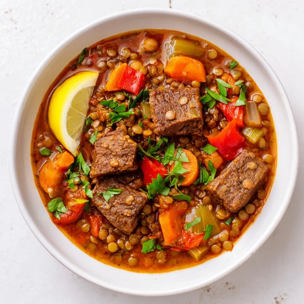 Steaming bowl of One-Pot Spicy Beef and Lentil Soup with fresh herbs, ready to warm you.
