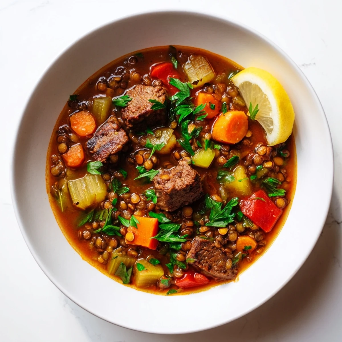 Close-up of hearty One-Pot Spicy Beef and Lentil Soup, a comforting and flavorful dinner.