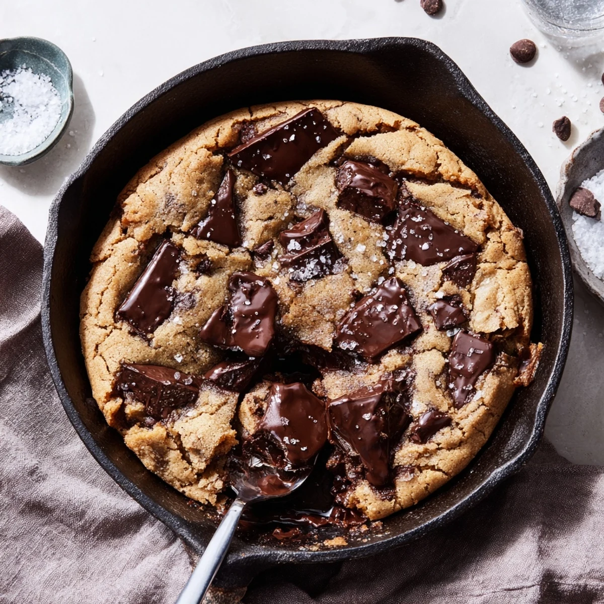 Warm Chocolate Chunk Skillet Cookie, baked golden brown with melty chocolate, ready to serve warm.