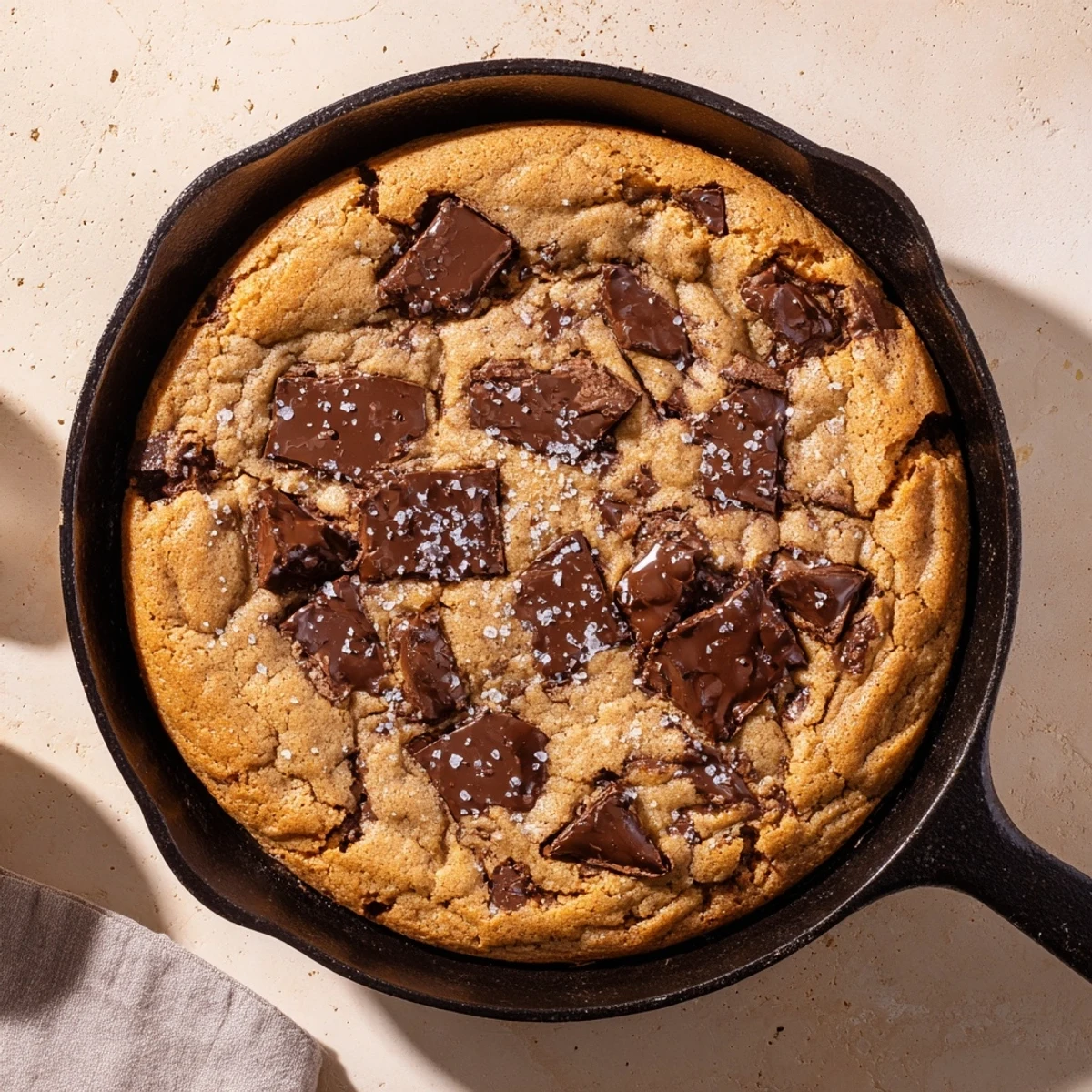 Skillet reveals a warm Warm Chocolate Chunk Skillet Cookie, finished with flaky salt, ready for ice cream.