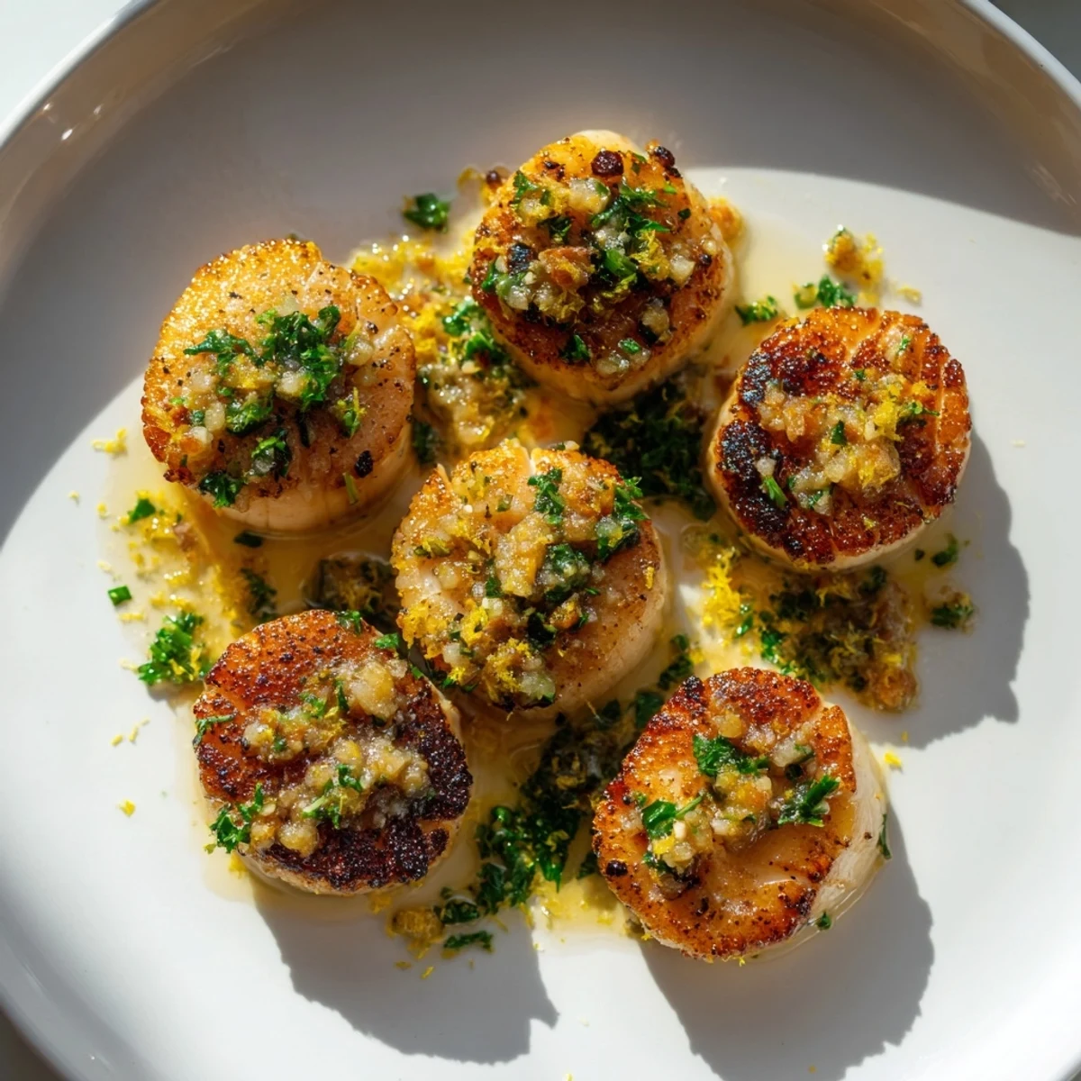 Golden-brown Pan-Seared Scallops, glistening with garlic butter, and sprinkled with fresh parsley.