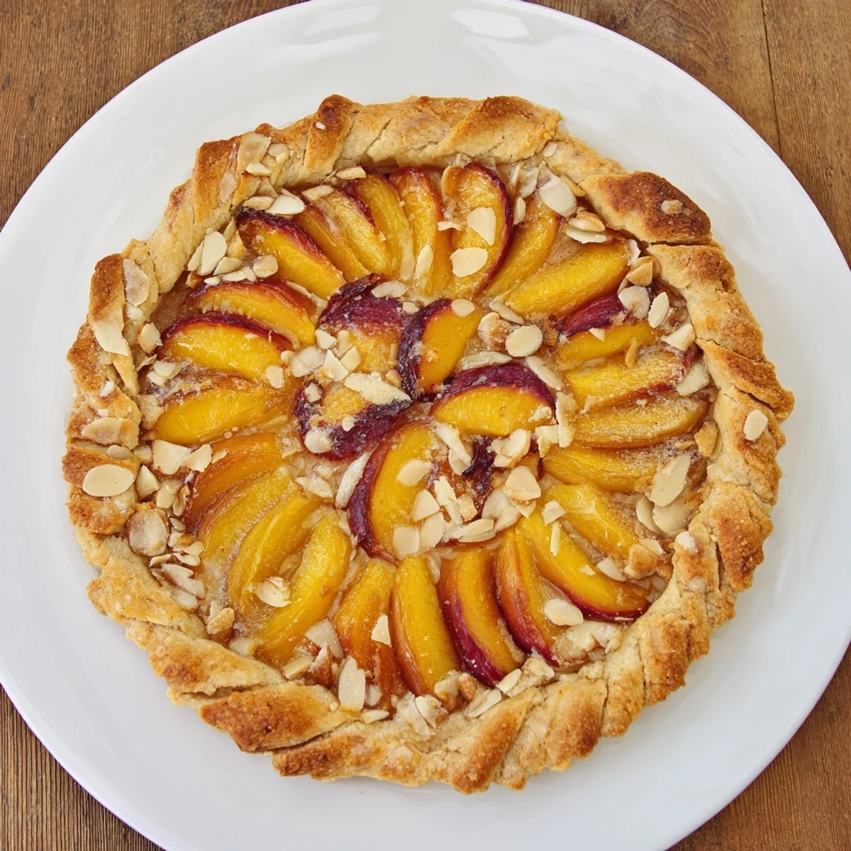 Golden Rustic Peach and Almond Tart, with juicy peaches and toasted almonds, looks delicious and inviting.