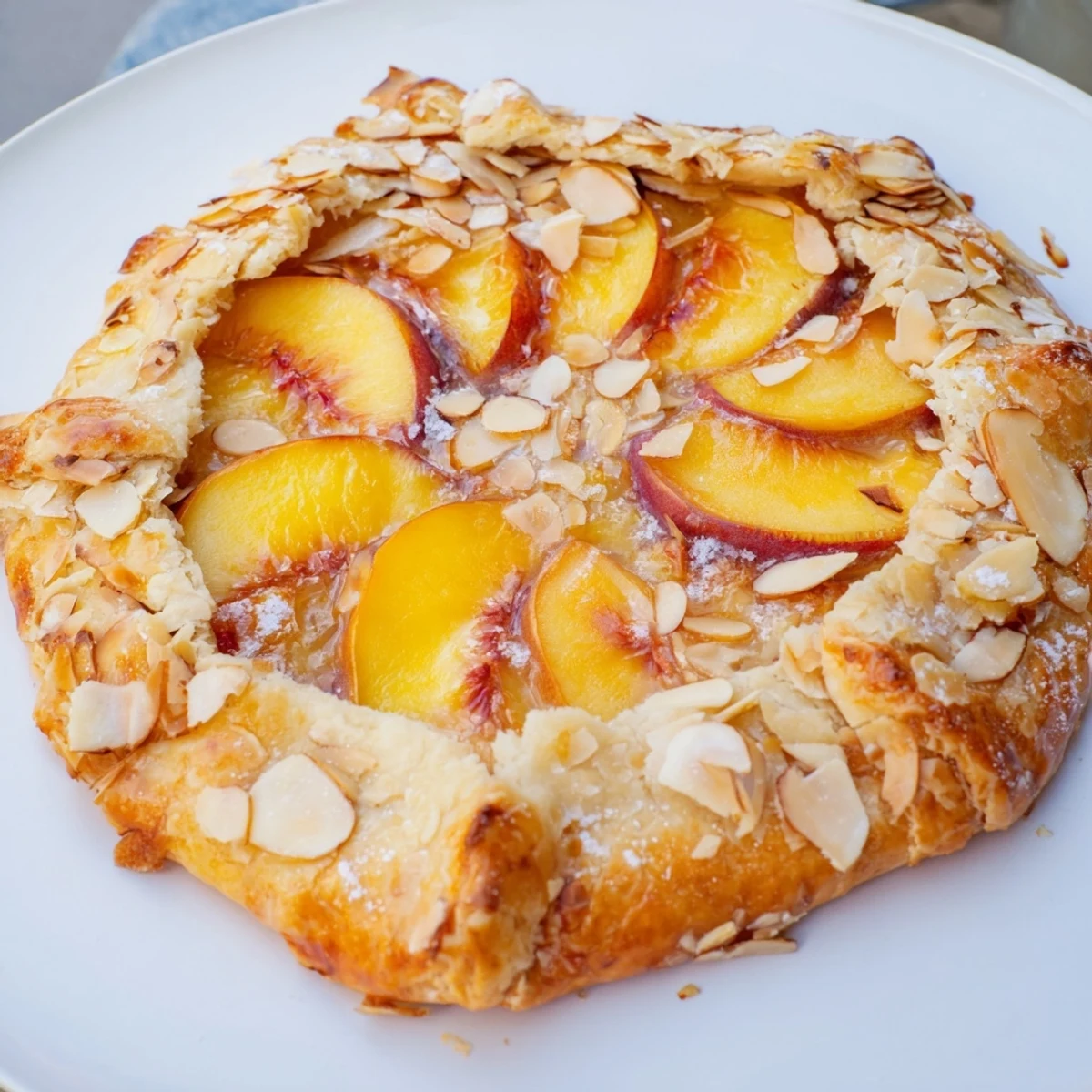 Warm, bubbling Rustic Peach and Almond Tart features a flaky crust and sweet, tender peach slices.