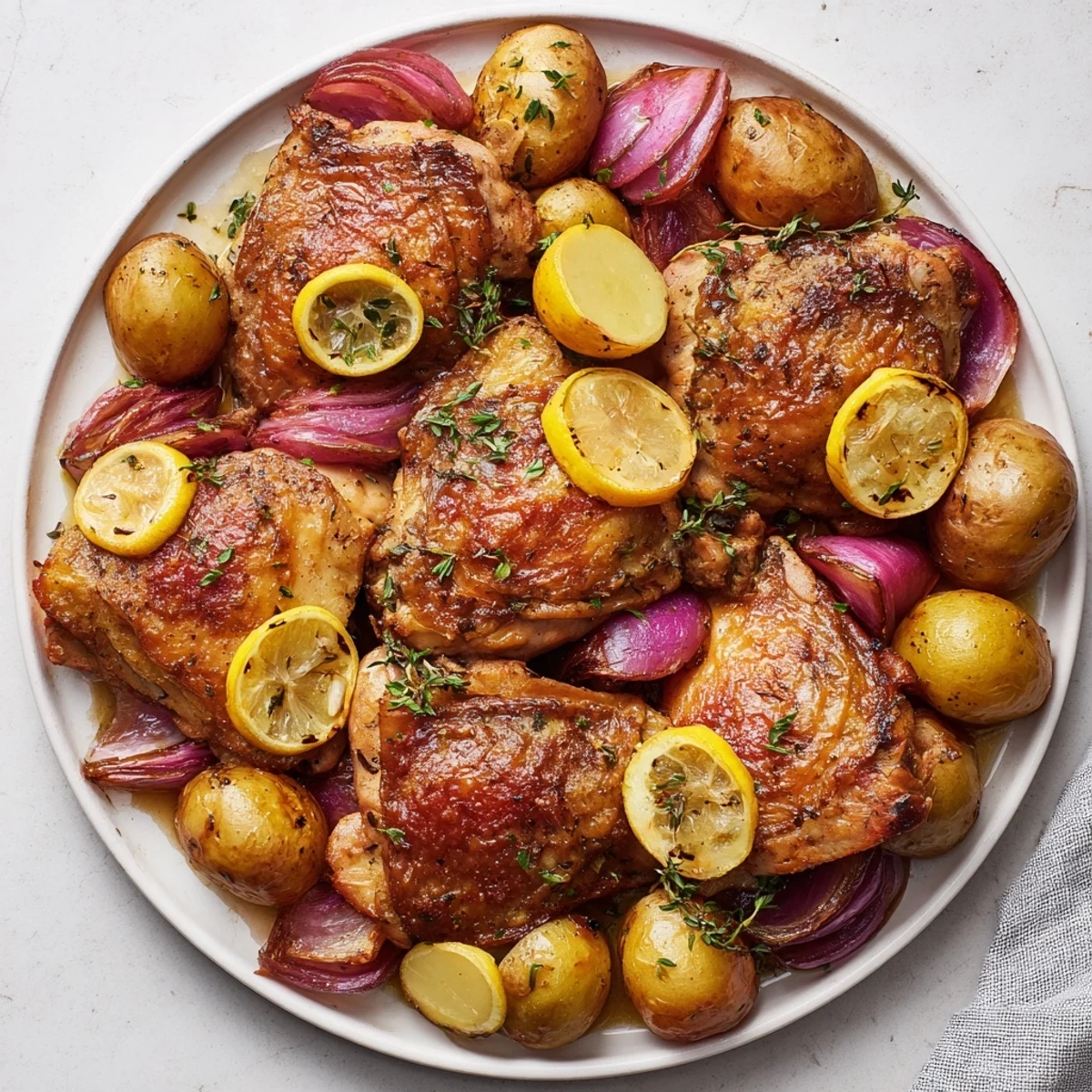 Golden-brown One-Dish Baked Chicken Thighs with Lemon and Thyme, tender potatoes and flavorful herbs.