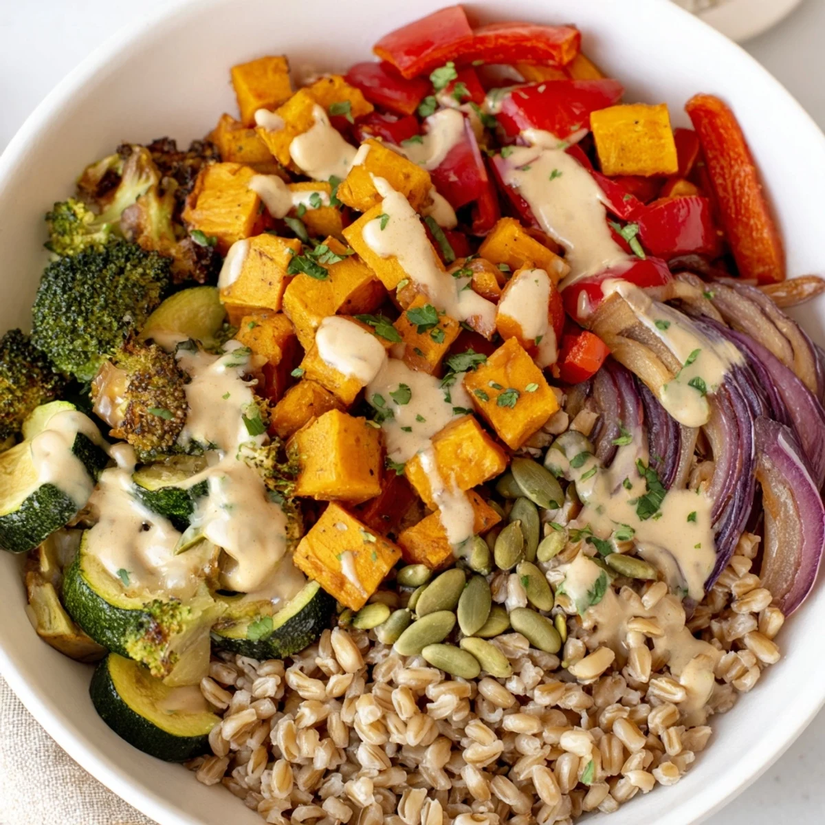 Vibrant Roasted Vegetable and Farro Grain Bowl, featuring colorful roasted veggies with nutty farro.