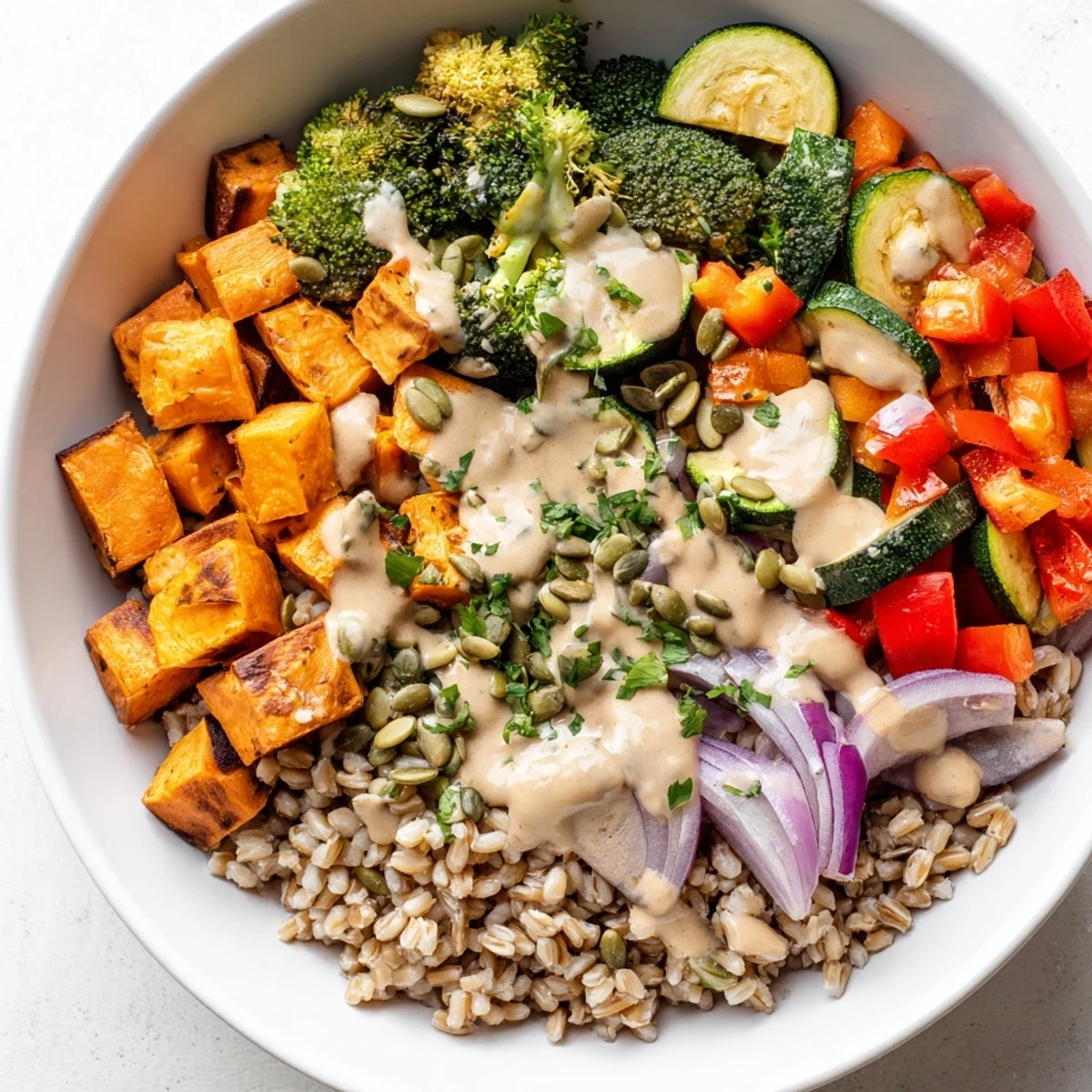 Warm, appetizing serving of a Hearty Roasted Vegetable and Farro Grain Bowl, ready for a healthy meal.