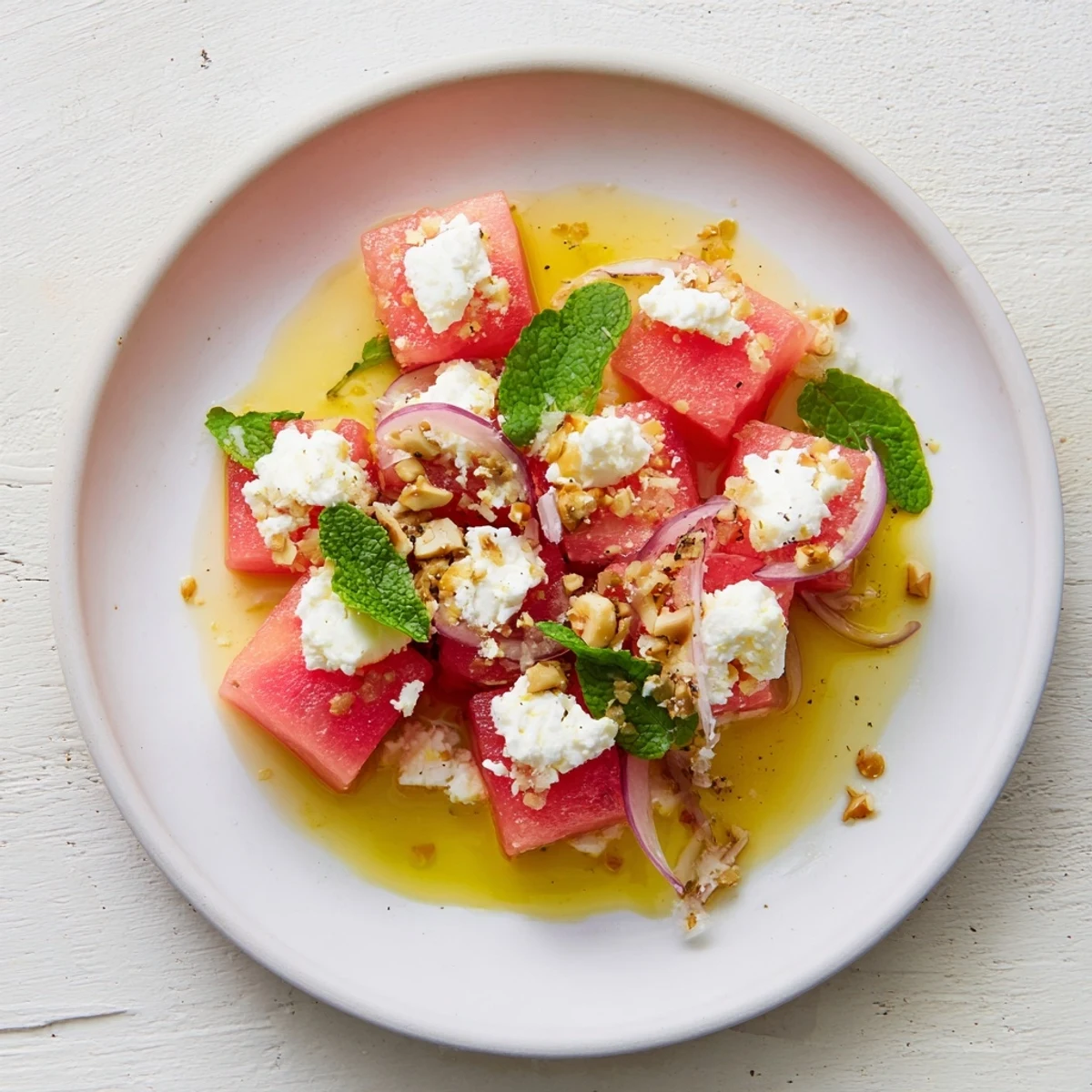 A close-up of Fresh Watermelon and Feta Salad, showcasing the crumbled feta and fresh mint leaves.
