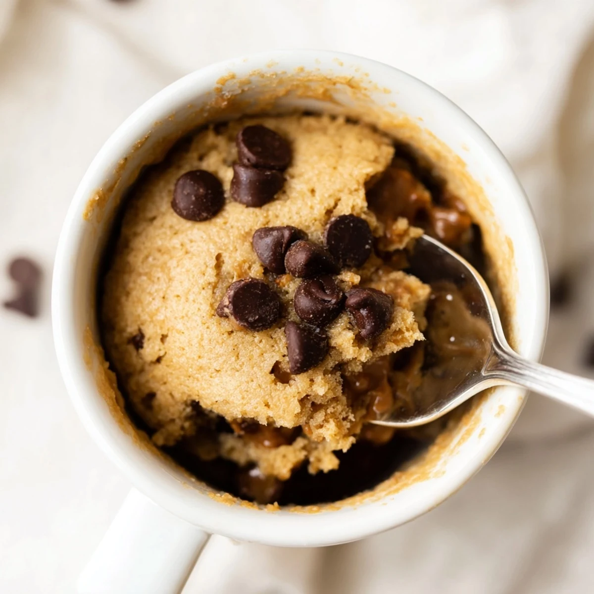 Decadent 2-Minute Peanut Butter Mug Cake, warm and fluffy, ready to eat from a mug.