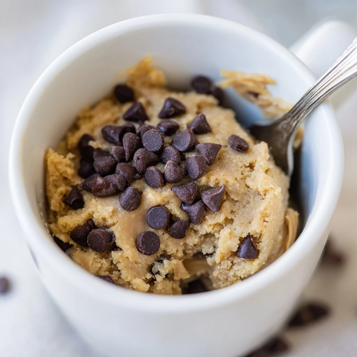 A single serving of a perfectly cooked 2-Minute Peanut Butter Mug Cake, sprinkled with chocolate chips.