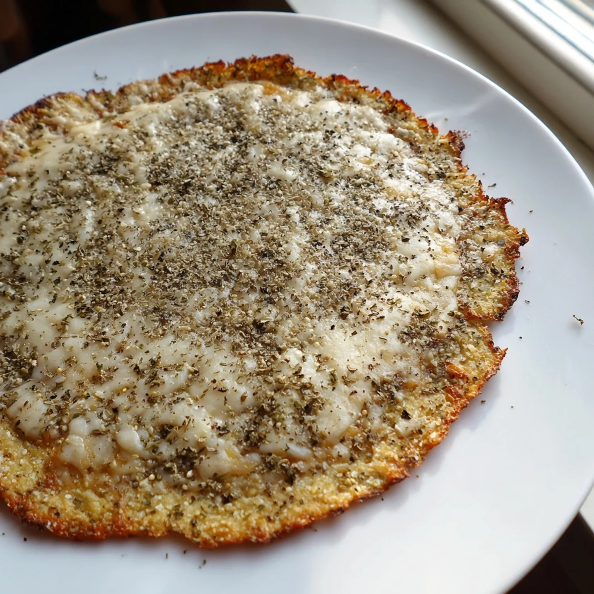 Golden-brown, crispy Cauliflower Pizza Crust ready to be topped with fresh vegetables and cheese.