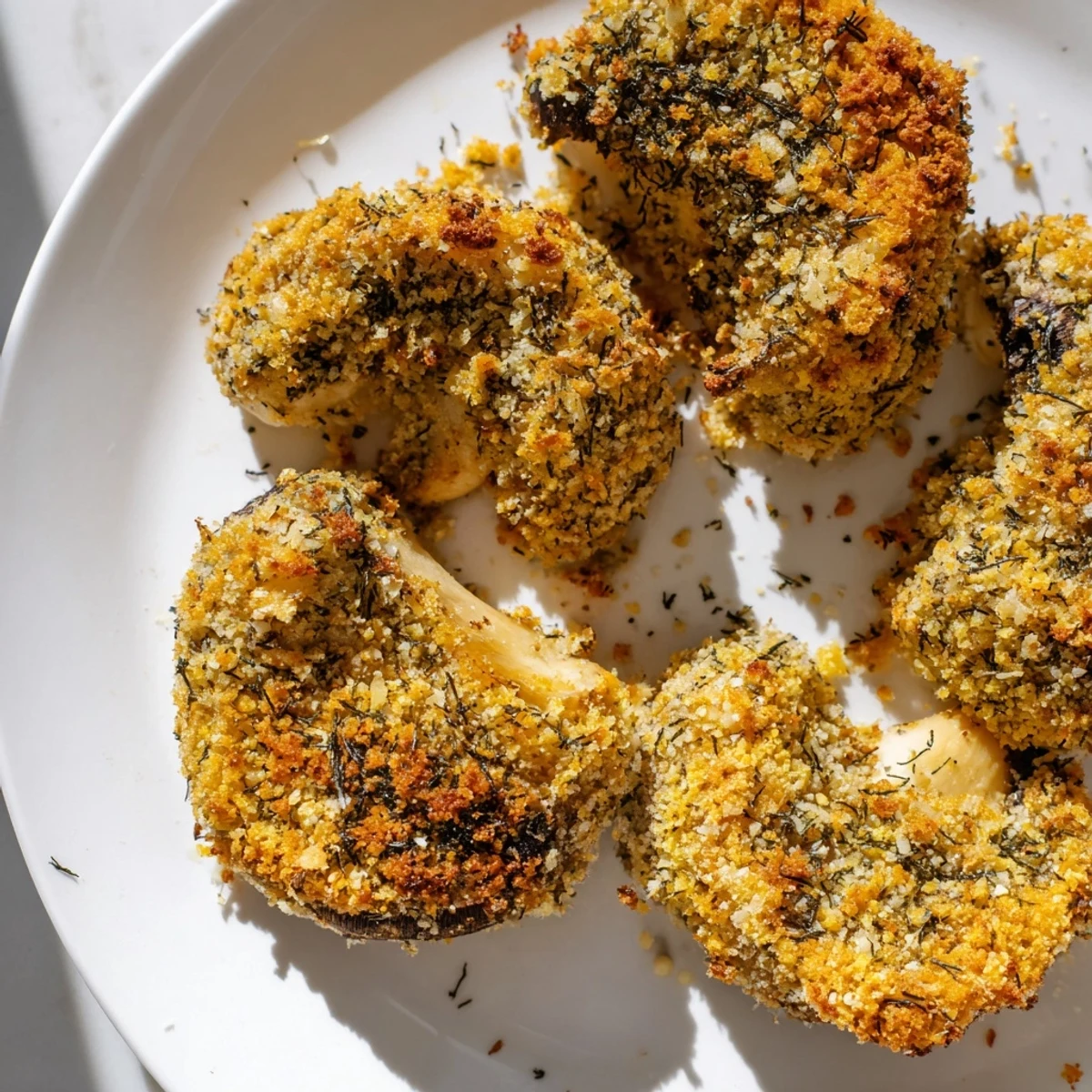 Golden-brown Ranch-Seasoned Crispy Mushrooms fresh from the oven, ready for dipping on a plate.