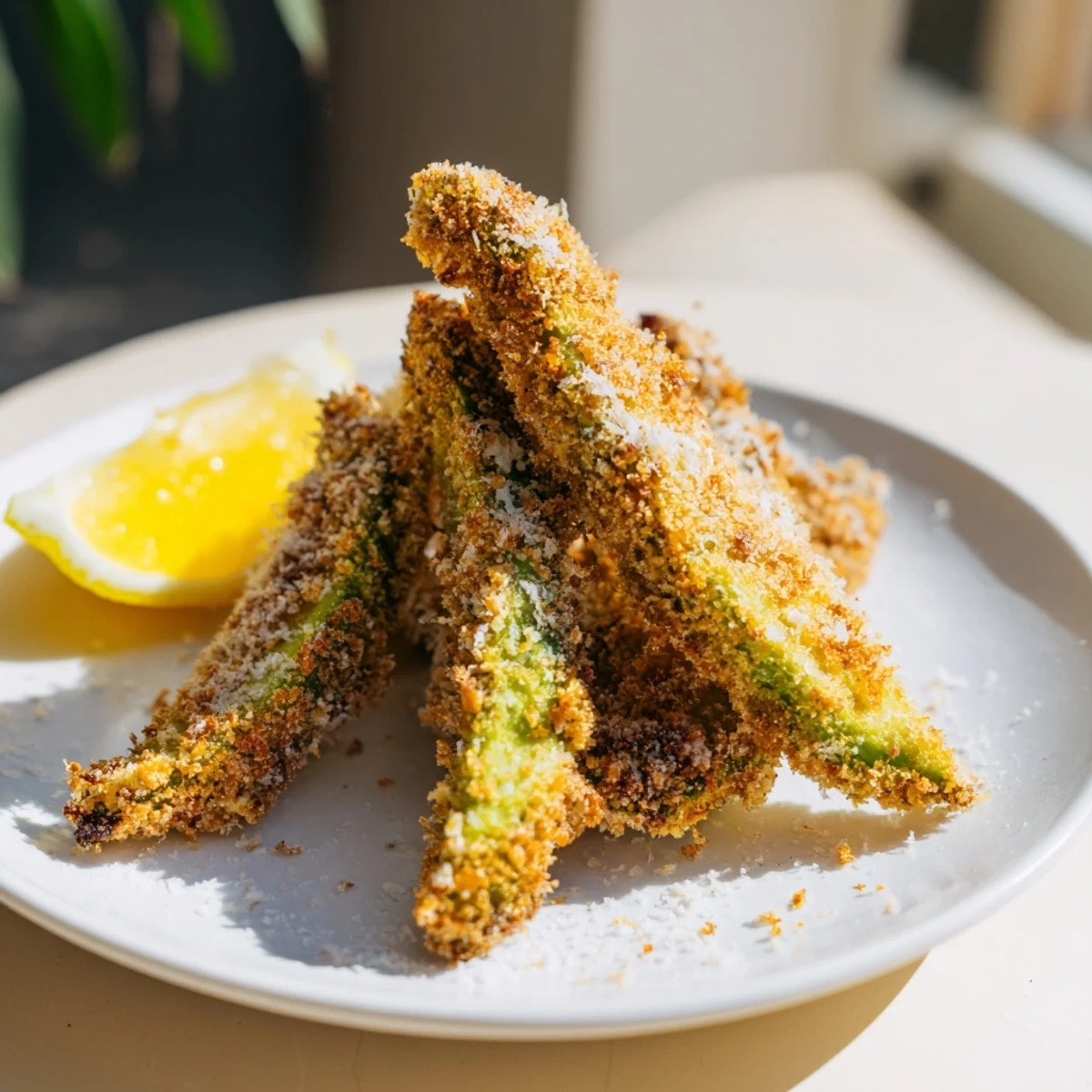 Crispy Baked Avocado Fries glistening golden brown, perfect with a cool dipping sauce and lemon.