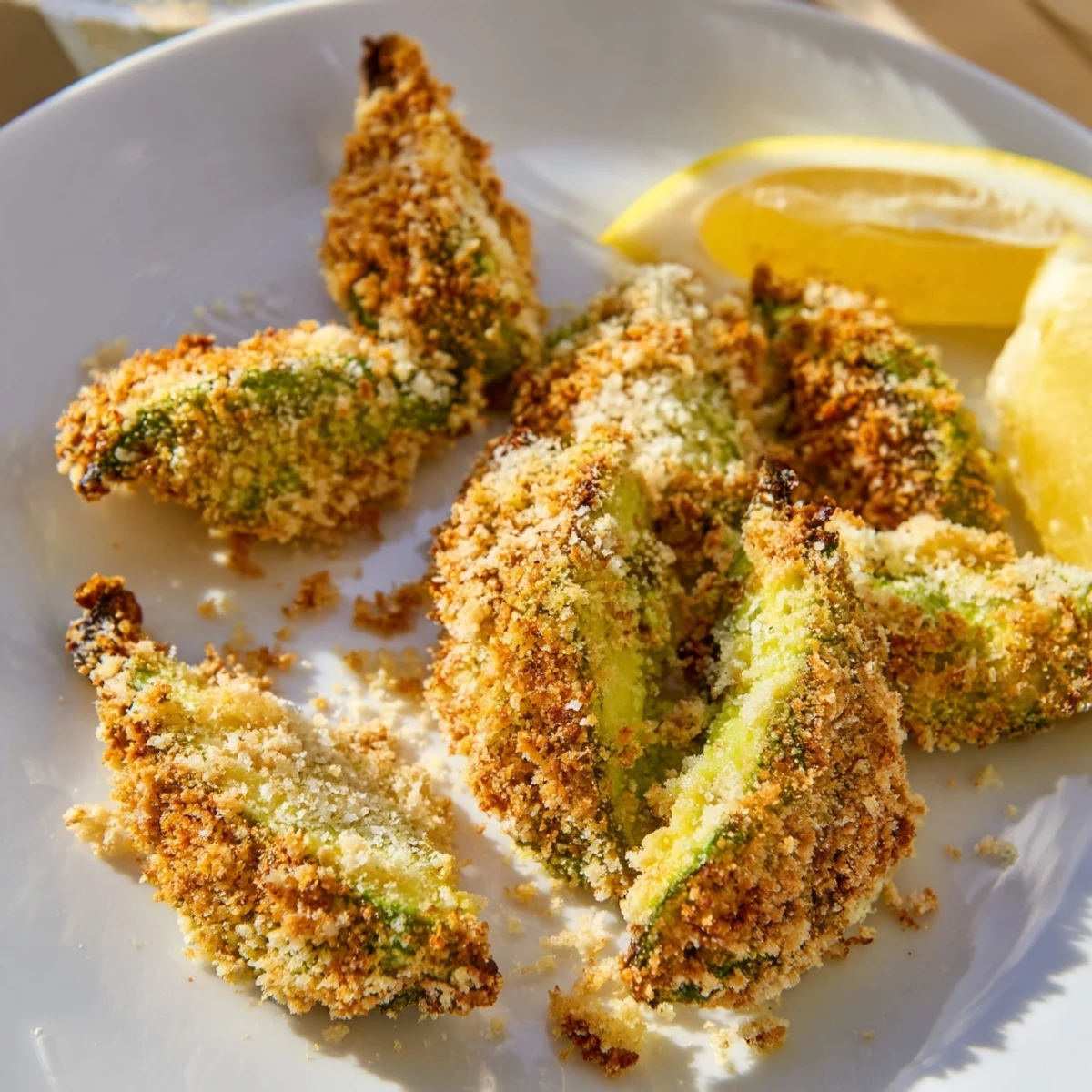 Appetizing close-up shot of hot, crunchy Crispy Baked Avocado Fries ready to serve as a snack.