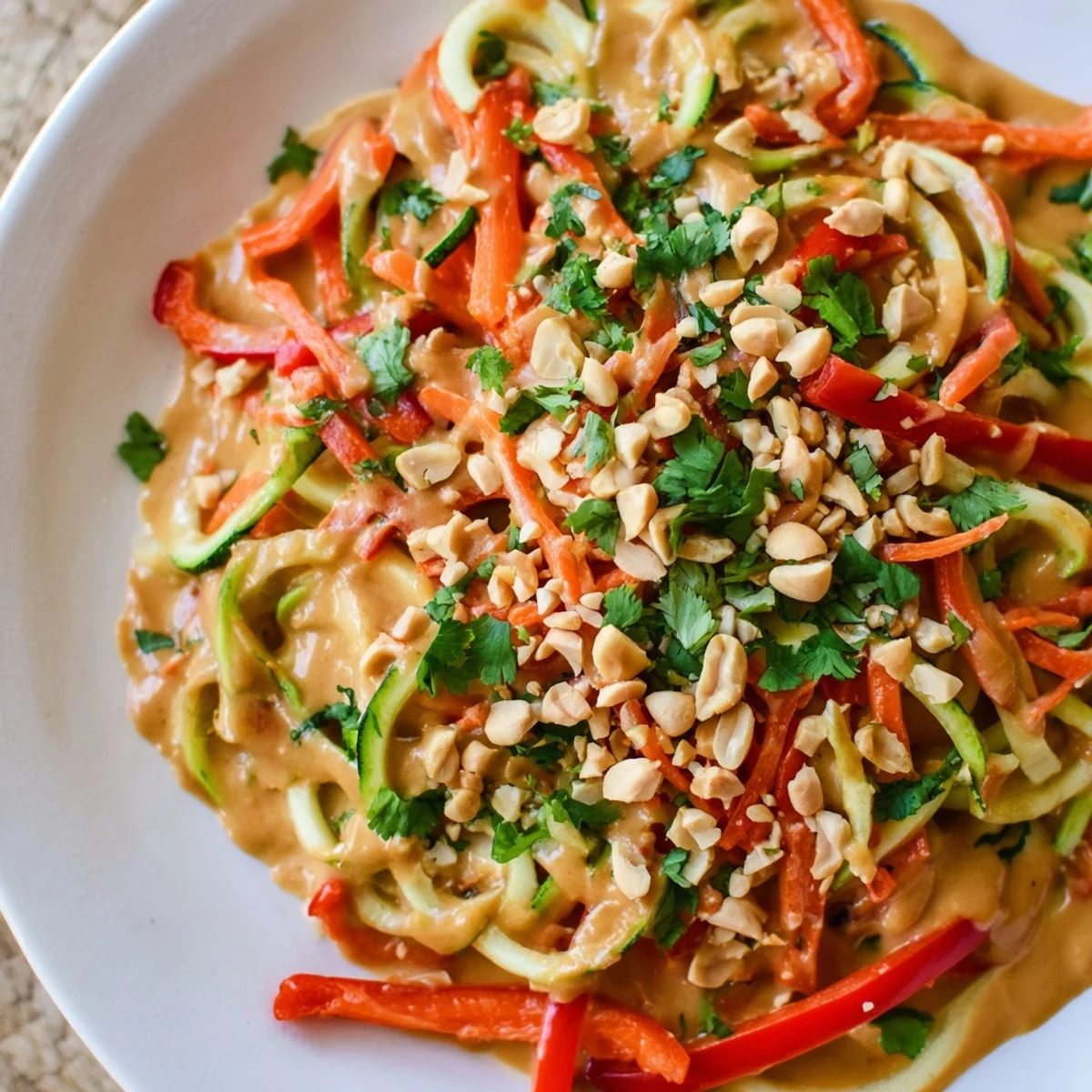 Vibrant Zesty Peanut Zucchini Noodles: a refreshing salad with colorful veggies and creamy peanut sauce.