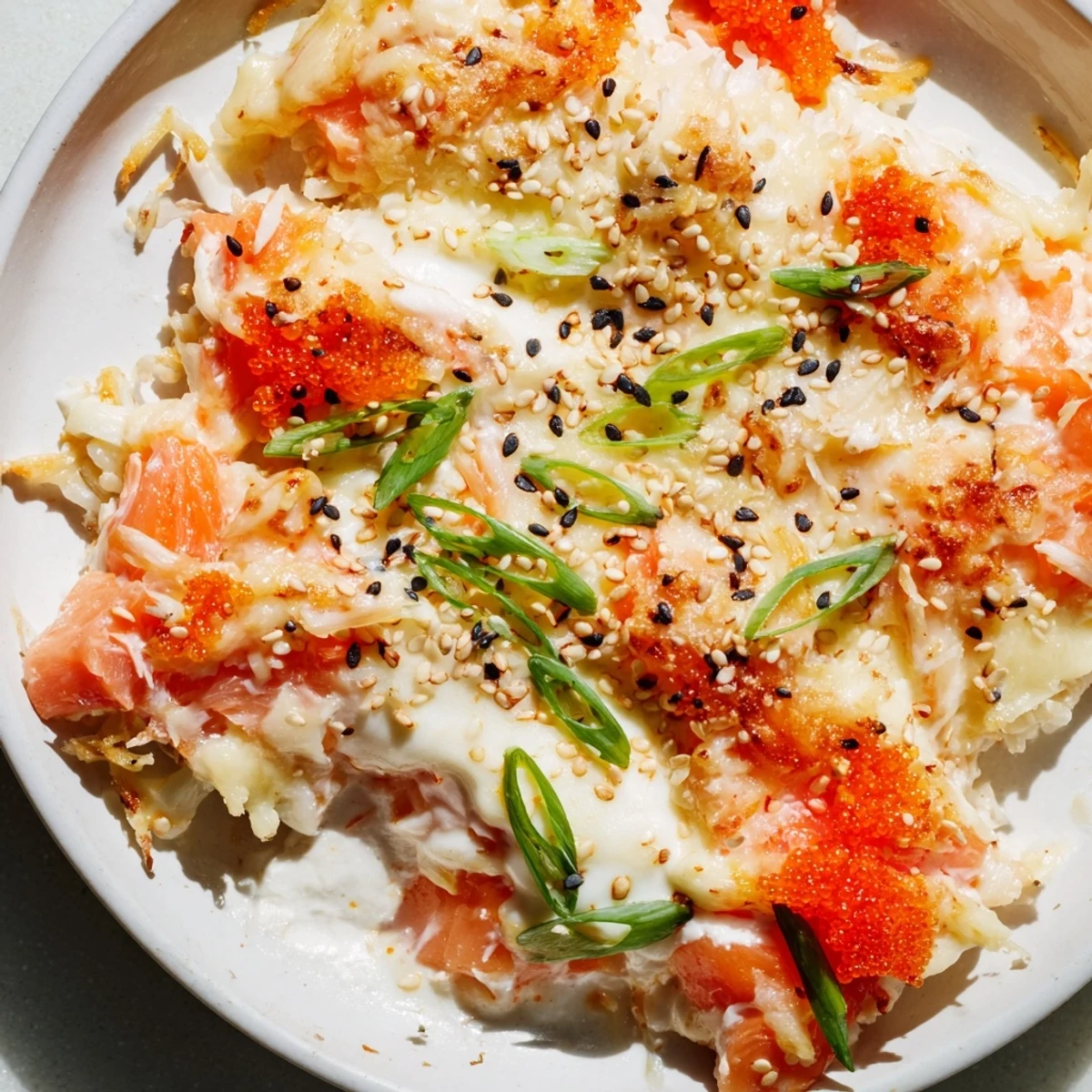 Golden, bubbly Creamy Salmon Sushi Bake, ready to eat, with sesame seeds and nori strips.