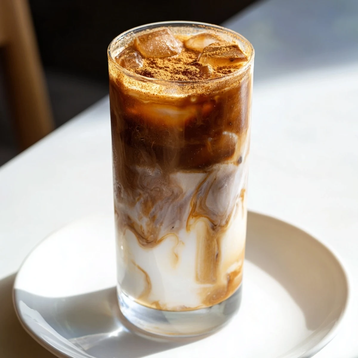 Creamy Iced Brown Sugar Oat Latte, a chilled coffee drink, swirled with frothy oat milk and ice.