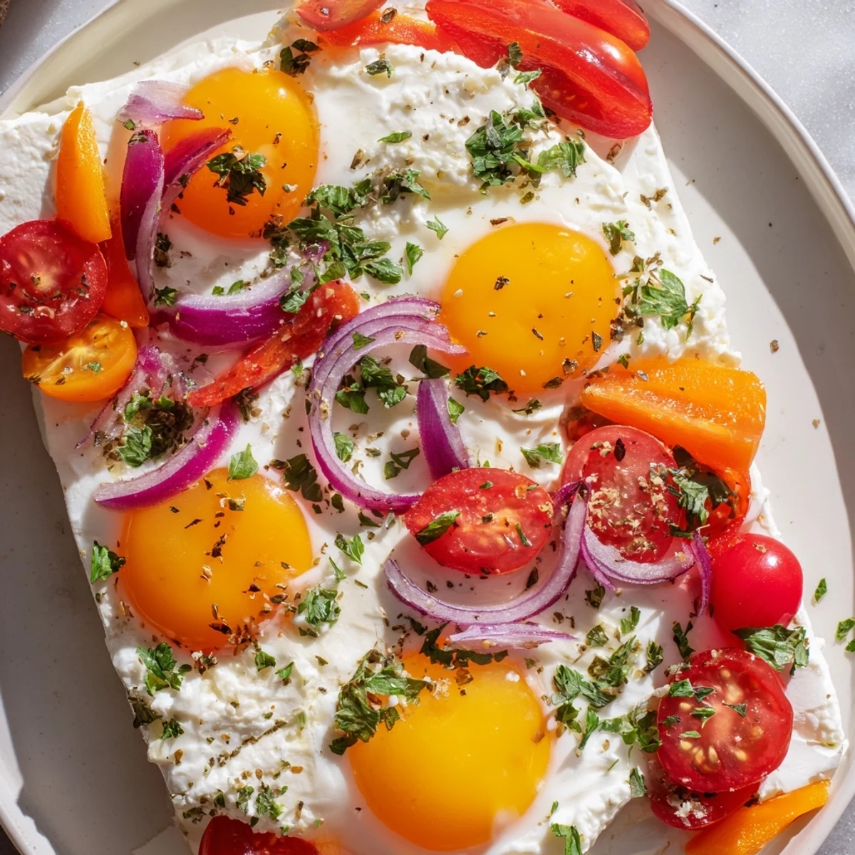Mediterranean Baked Feta & Eggs: A close-up shows the bubbly baked feta and vibrant tomato egg bake.