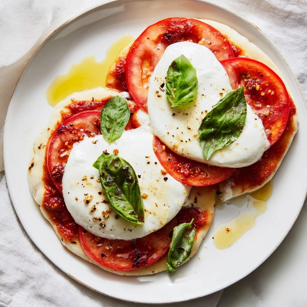 Quick Margherita Naan Pizza with melted mozzarella, baked tomatoes, and fresh basil ready to enjoy.