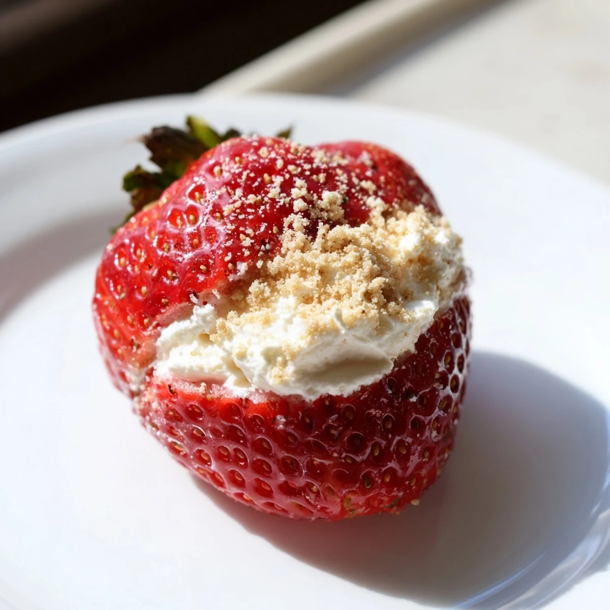 Bright, close-up of Cheesecake Stuffed Strawberries; creamy filling overflowing from the fresh red fruit.