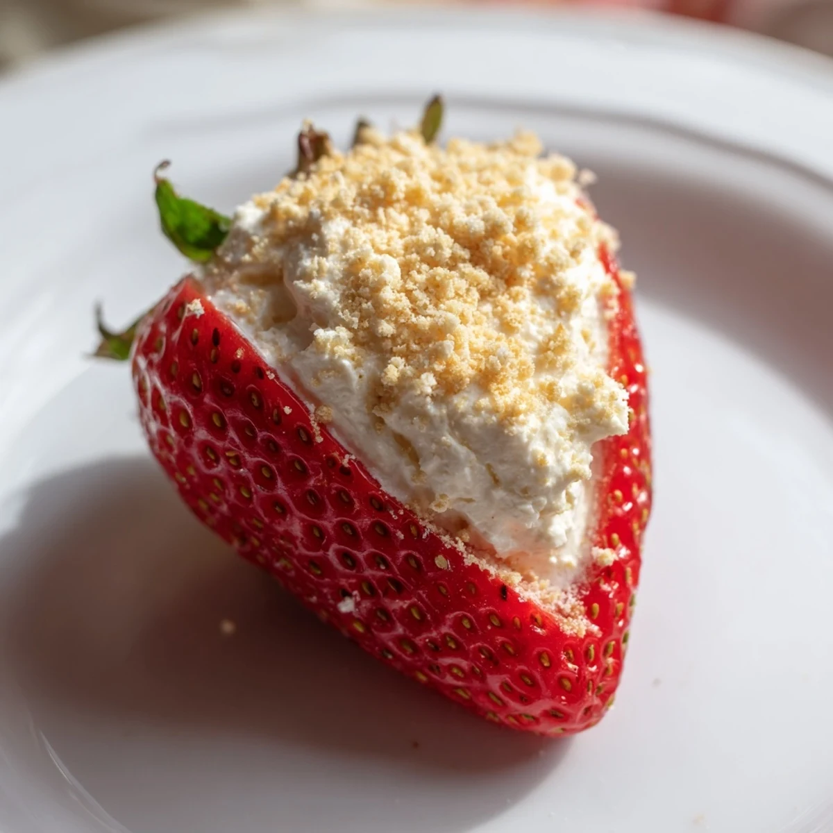 Freshly made Cheesecake Stuffed Strawberries, a beautiful dessert with a crumbly graham cracker topping.