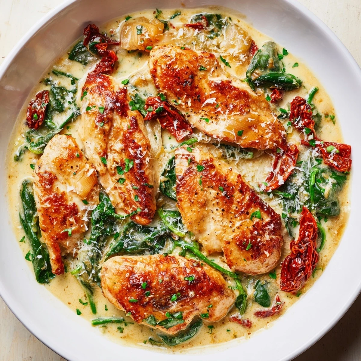 Golden-brown Creamy Tuscan Chicken breasts swimming in a creamy, vibrant sauce with wilted spinach.