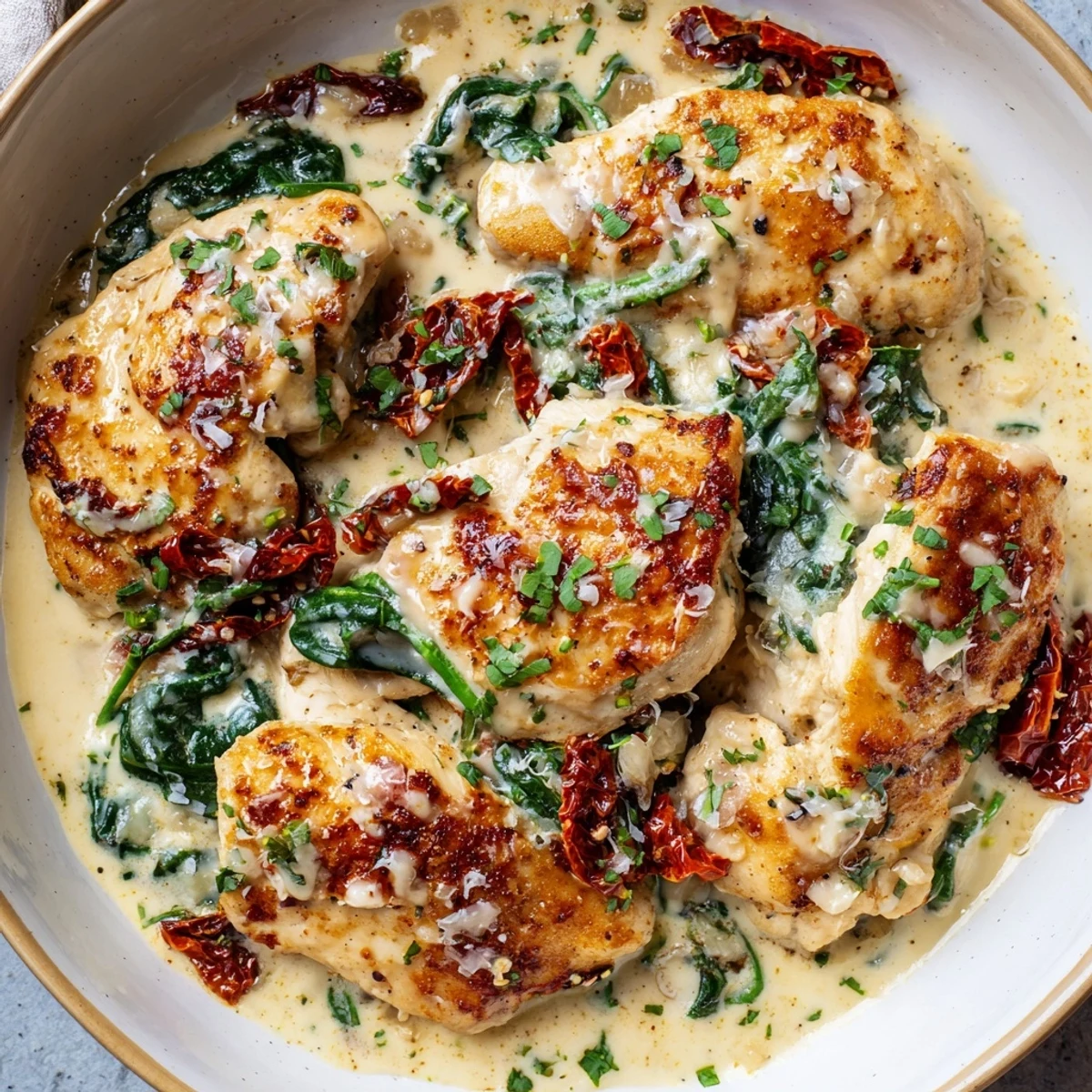 This beautiful plate of Creamy Tuscan Chicken offers a comforting, savory blend of flavors, ready to enjoy.