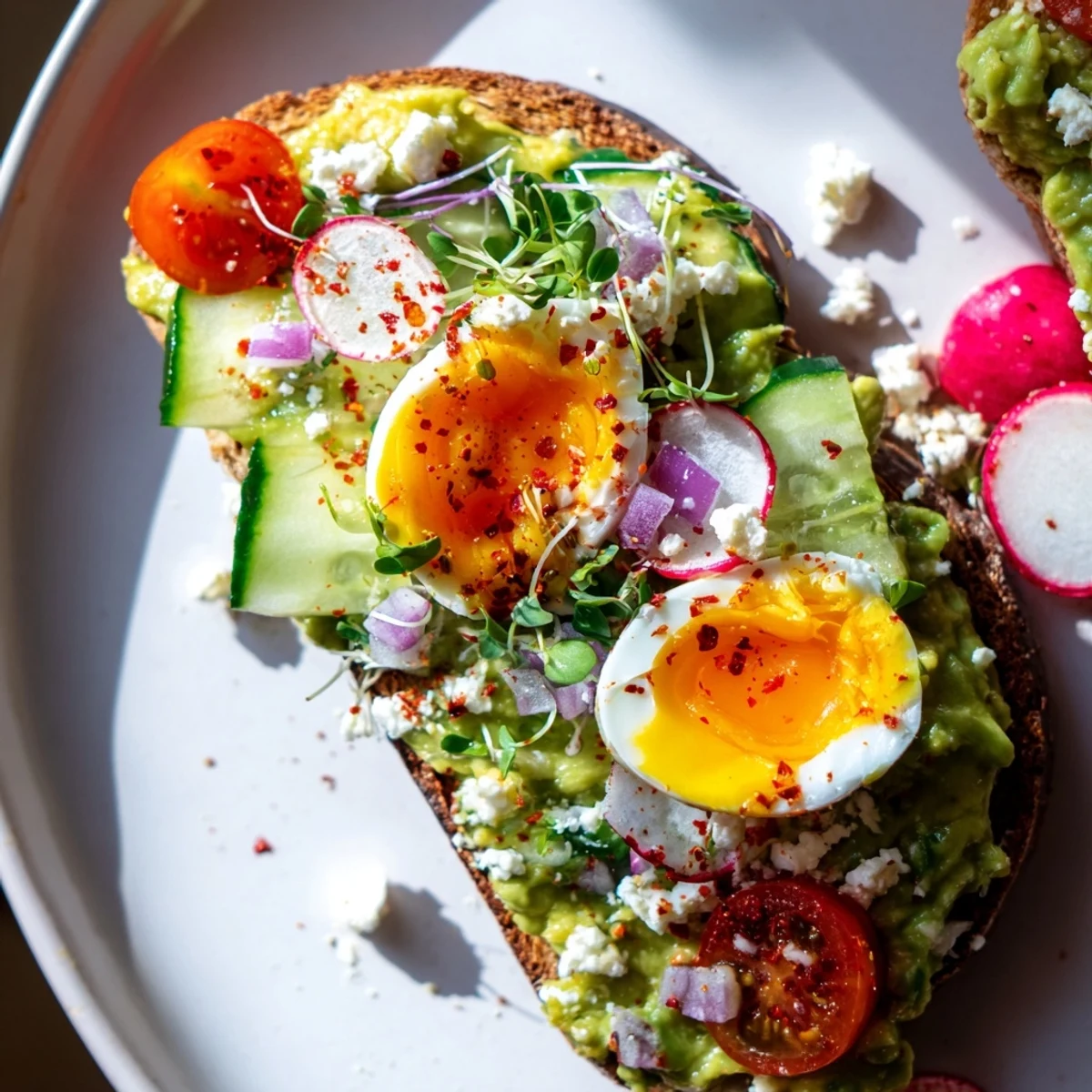 Creamy avocado topping a slice of Loaded Avocado Toast, ready for a satisfying brunch meal today.