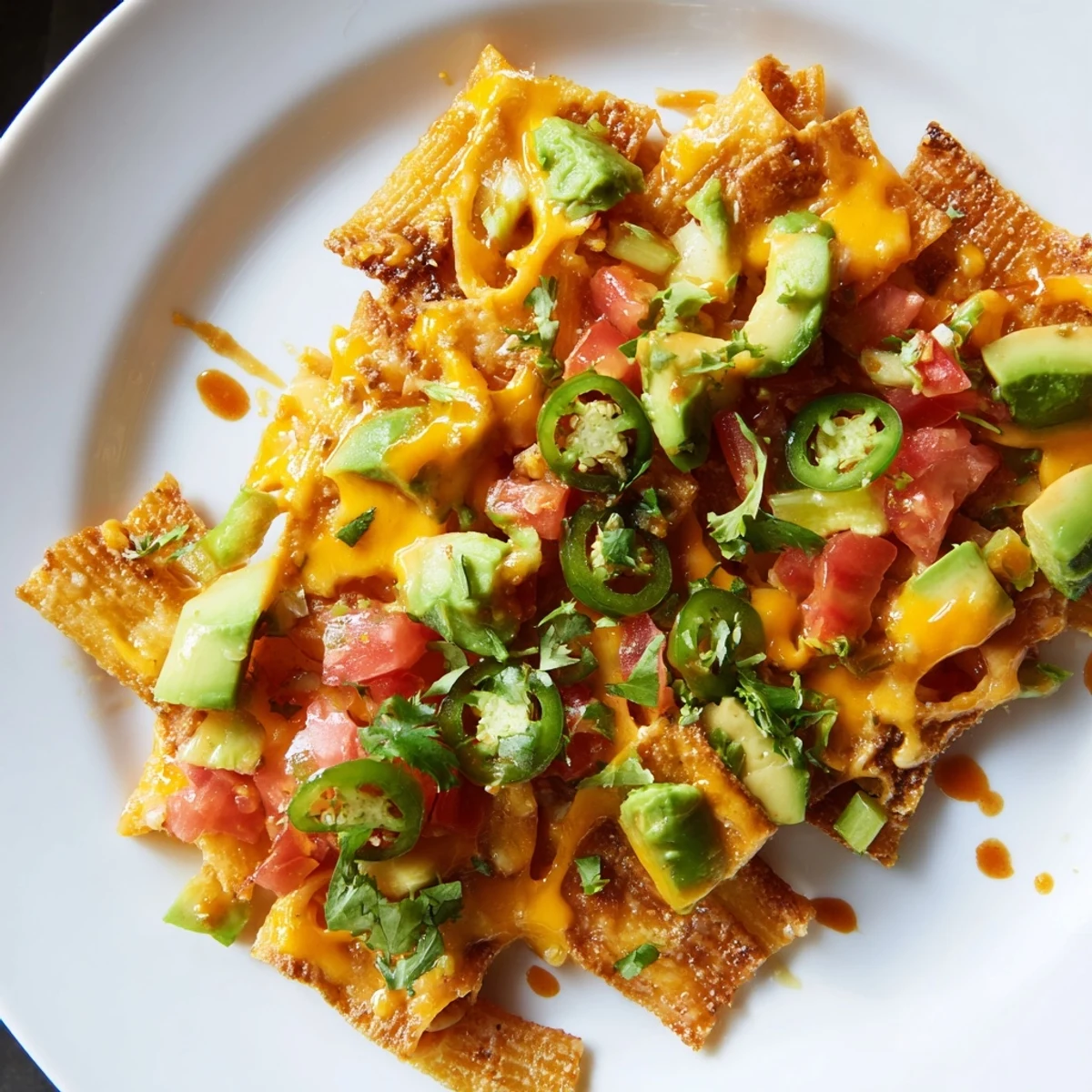 Golden, crispy pasta chips nachos with melted cheese and fresh, colorful toppings, perfect appetizer.