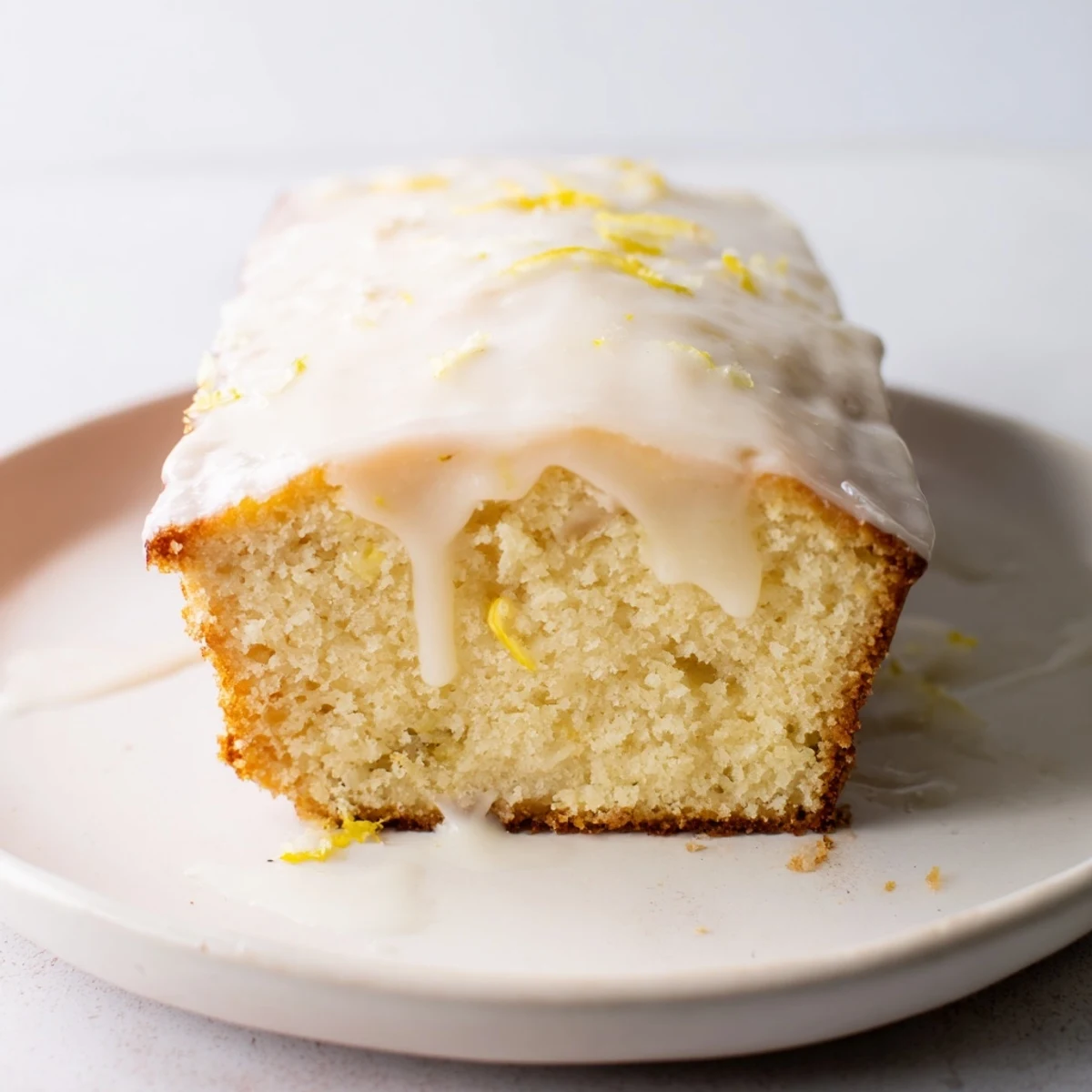 Fluffy slice of Lemon Yogurt Cake, glistening with a simple lemon glaze, ready to serve.