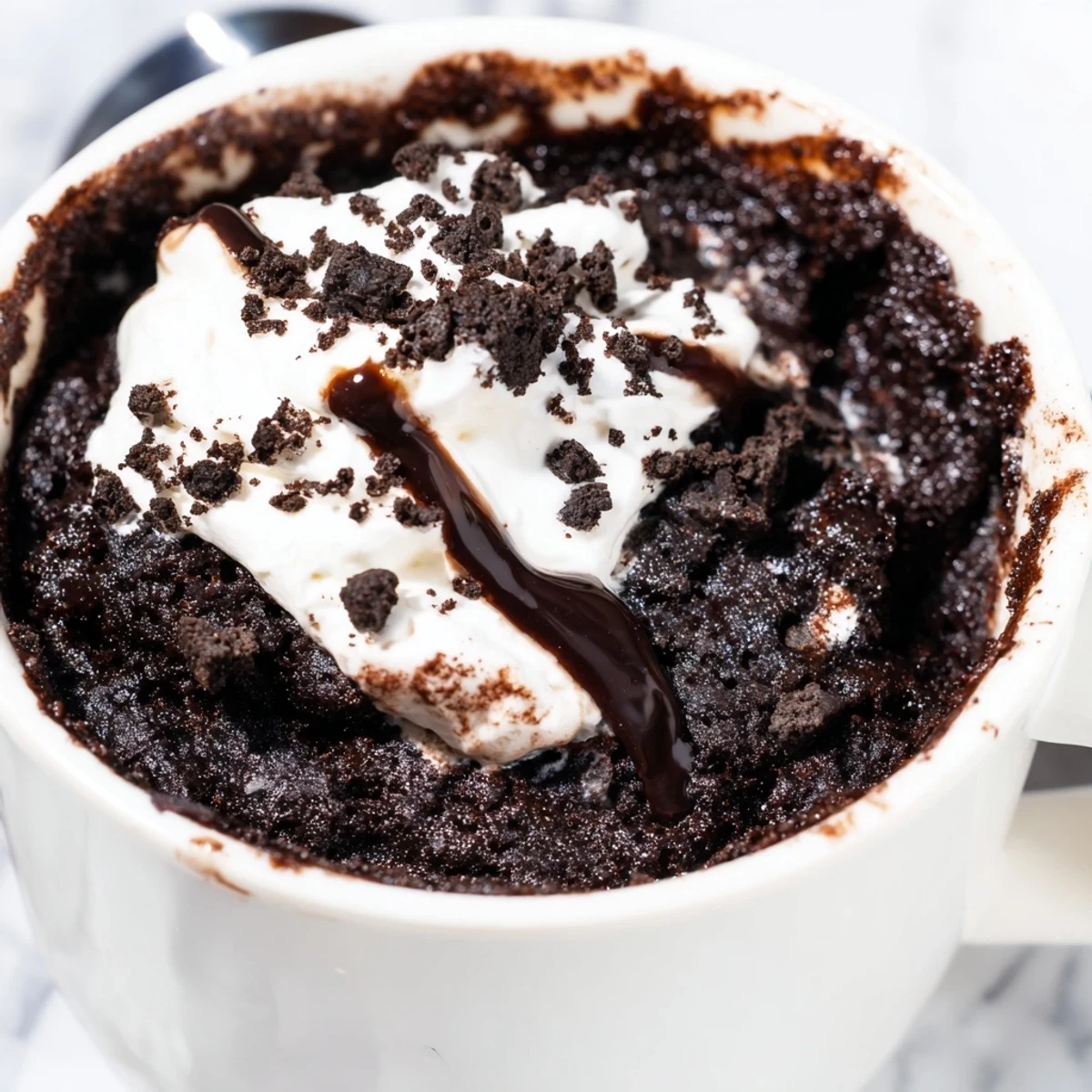 Fudgy Oreo mug cake, a single-serve dessert ready in minutes with rich chocolate flavor.