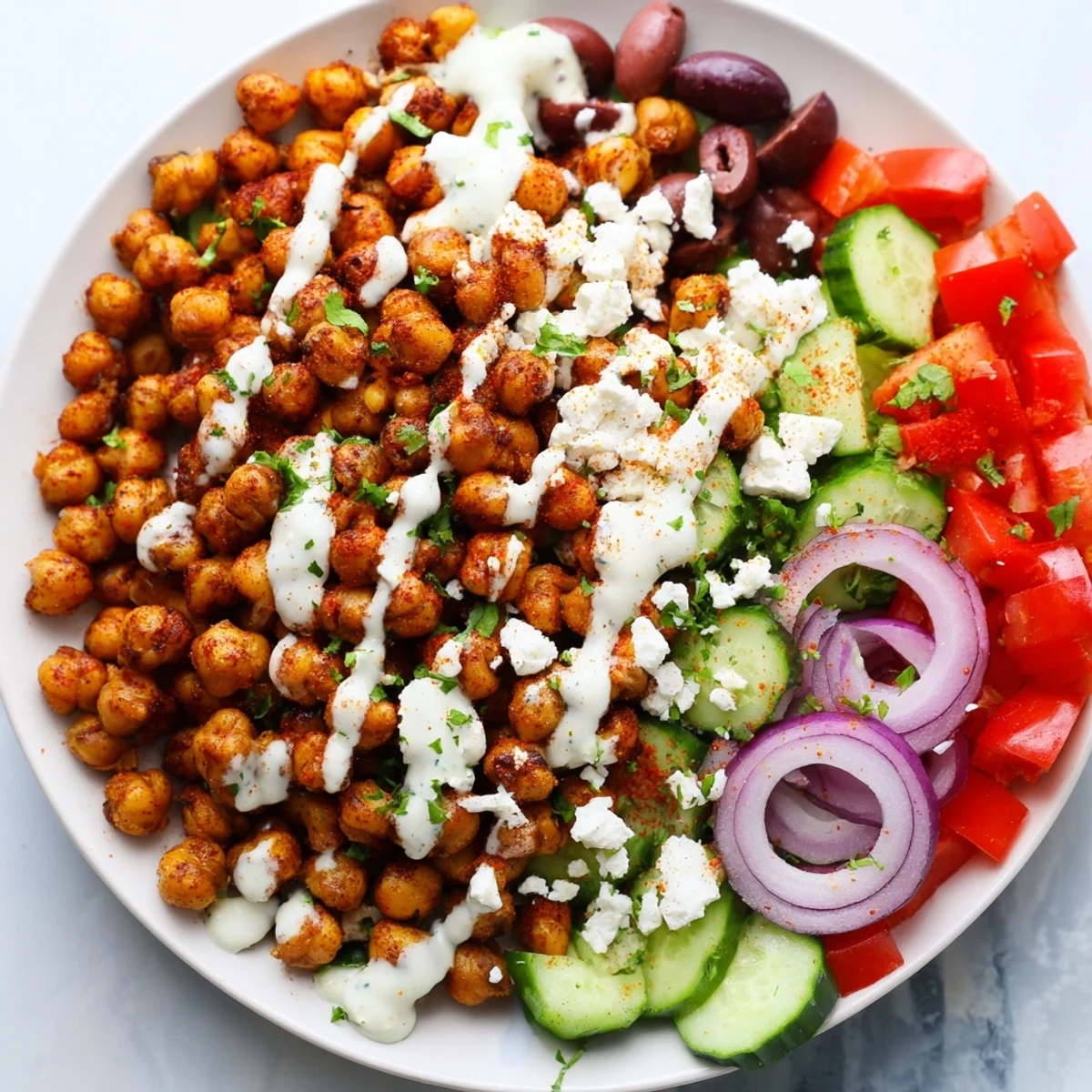 Golden, spiced Mediterranean chickpea bowl with vibrant vegetables, drizzled with creamy tahini dressing.