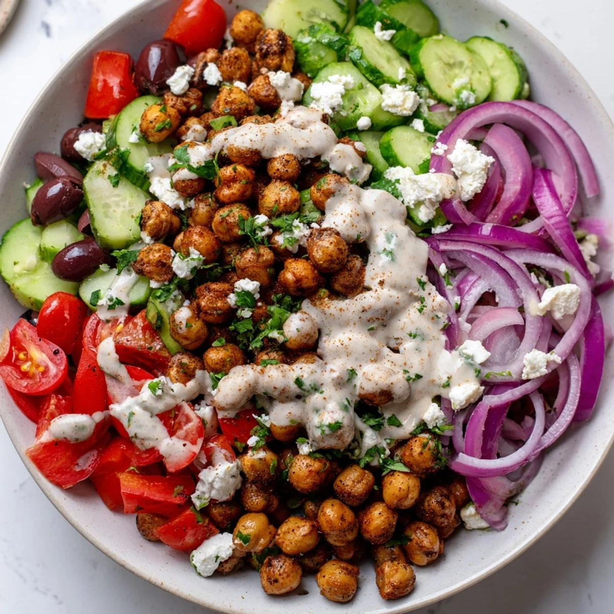 A colorful Mediterranean chickpea bowl showcases roasted chickpeas over quinoa, with fresh herbs and feta cheese.