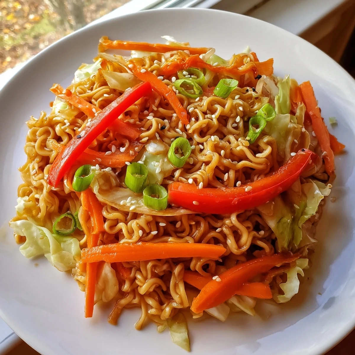 Steaming bowl of spicy ramen stir fry, a quick and delicious weeknight dinner option.