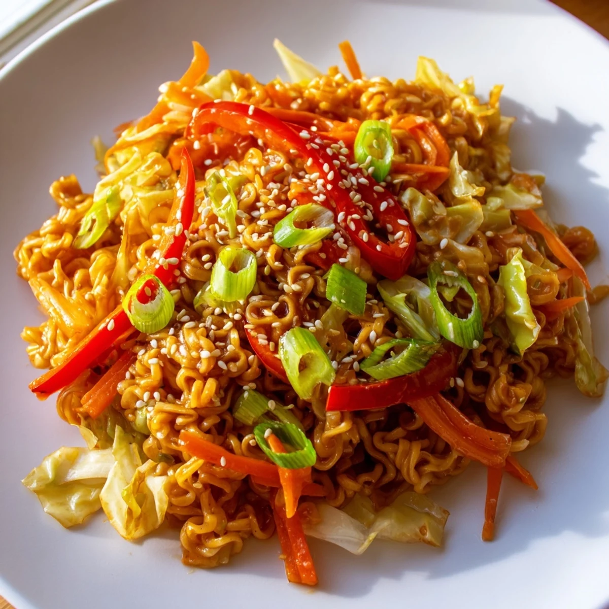 The finished spicy ramen stir fry, garnished with green onions and sesame seeds, ready to savor.