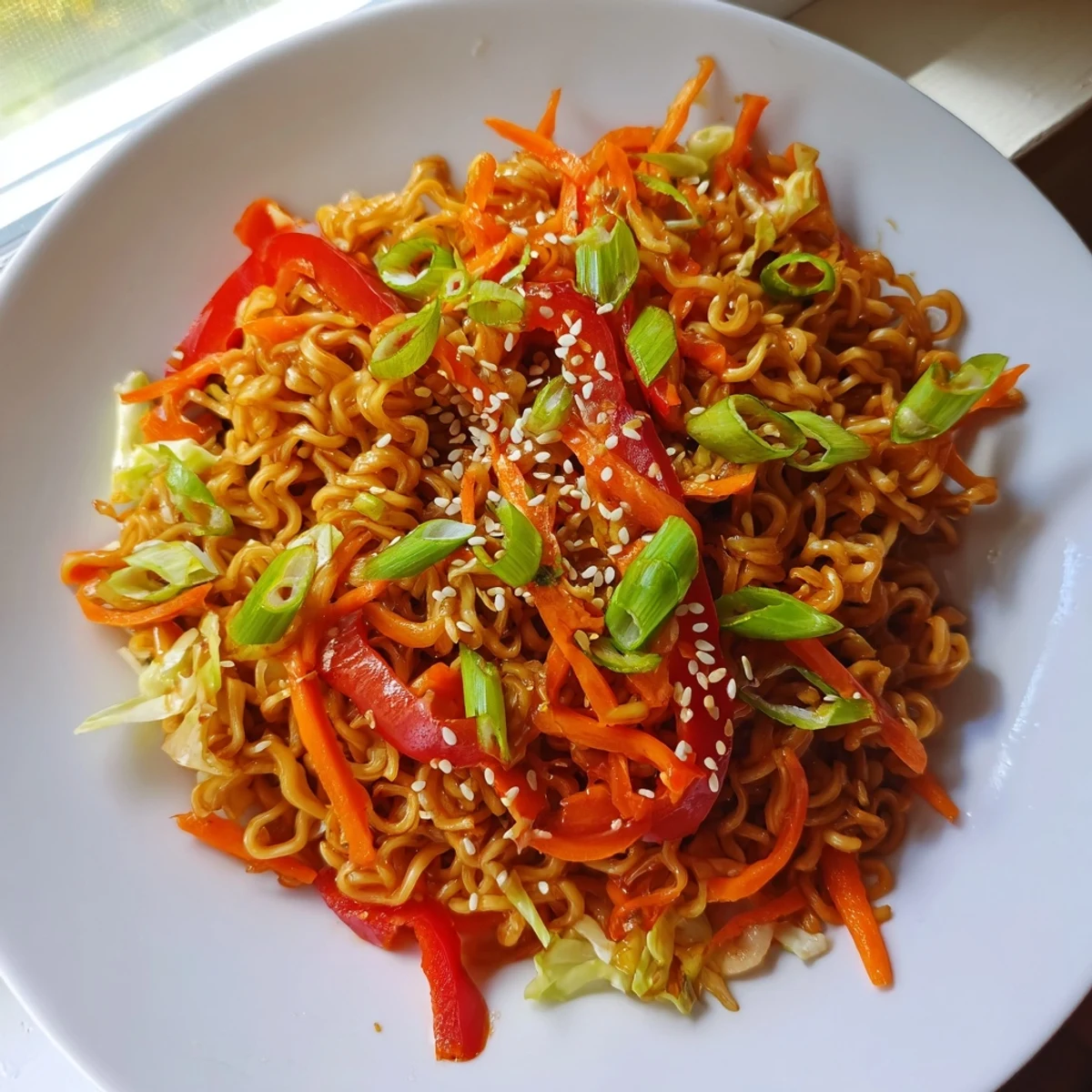 Vibrant image of the spicy ramen stir fry, showcasing noodles, vegetables, and savory sauce.