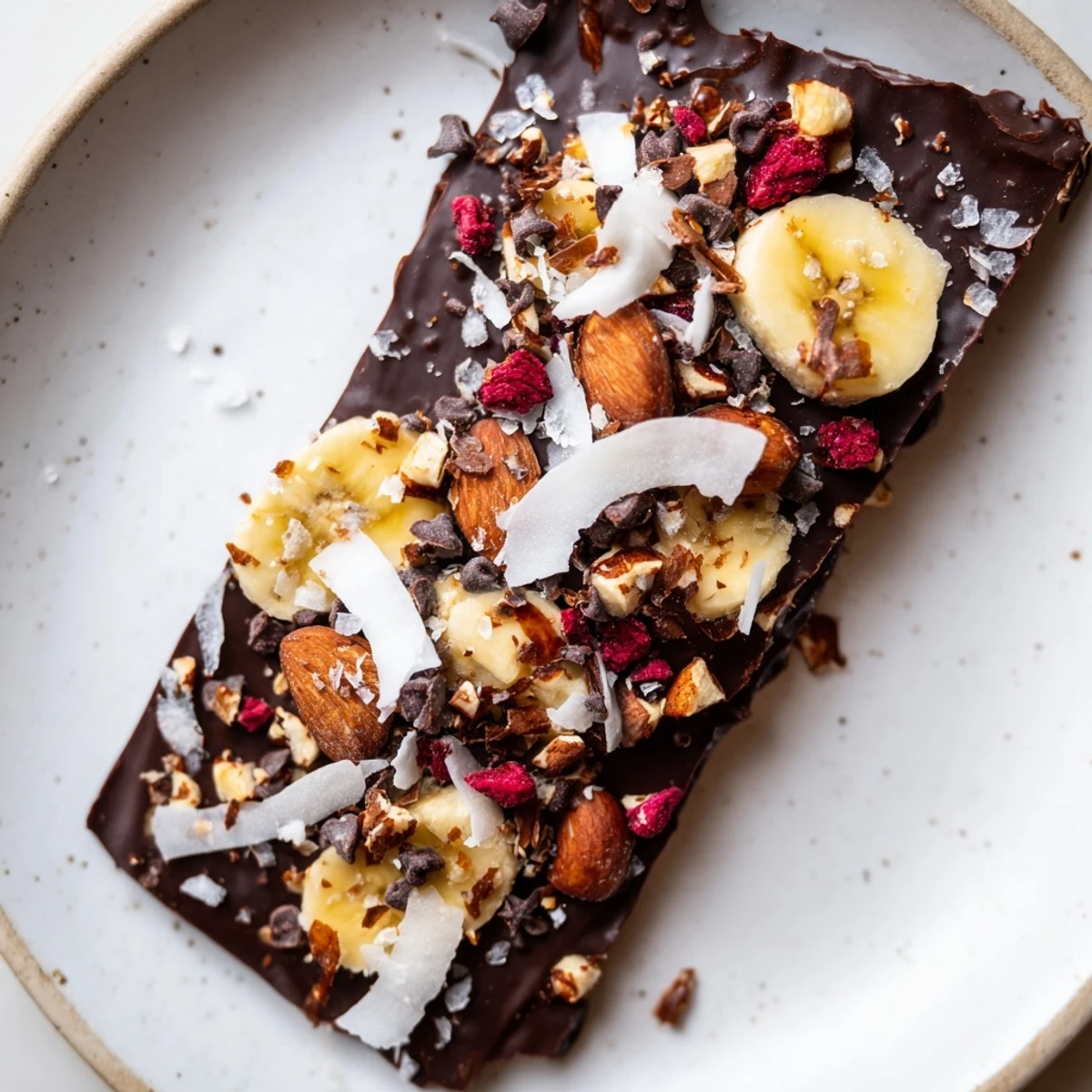 Frozen chocolate banana bark, featuring crunchy nuts and berries, ready to enjoy as a snack!